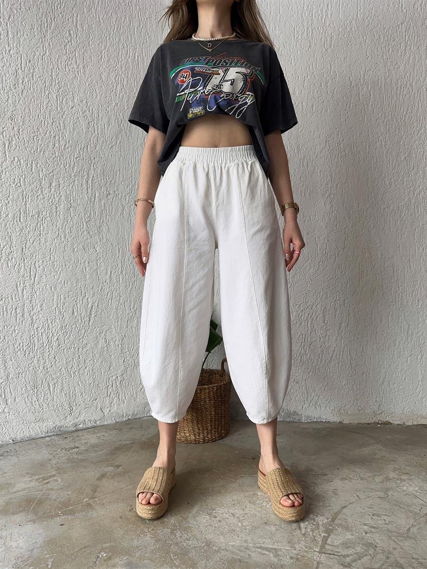 Gabardin Şalvar Pantolon - Beyaz - Dominatrend