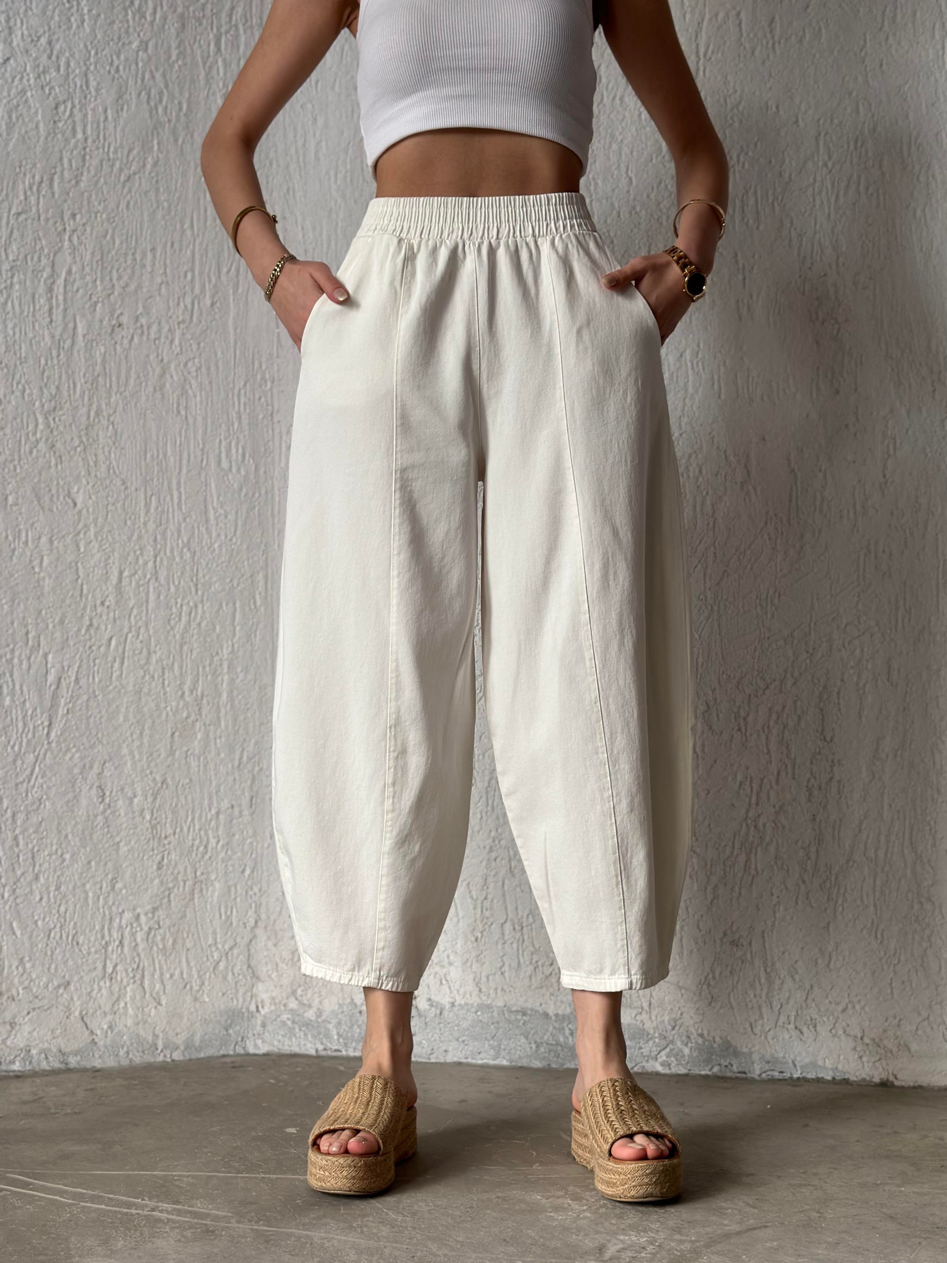 Gabardin Şalvar Pantolon - Beyaz - Dominatrend