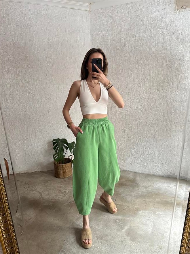 Gabardin Şalvar Pantolon - Fıstık Yeşili - Dominatrend
