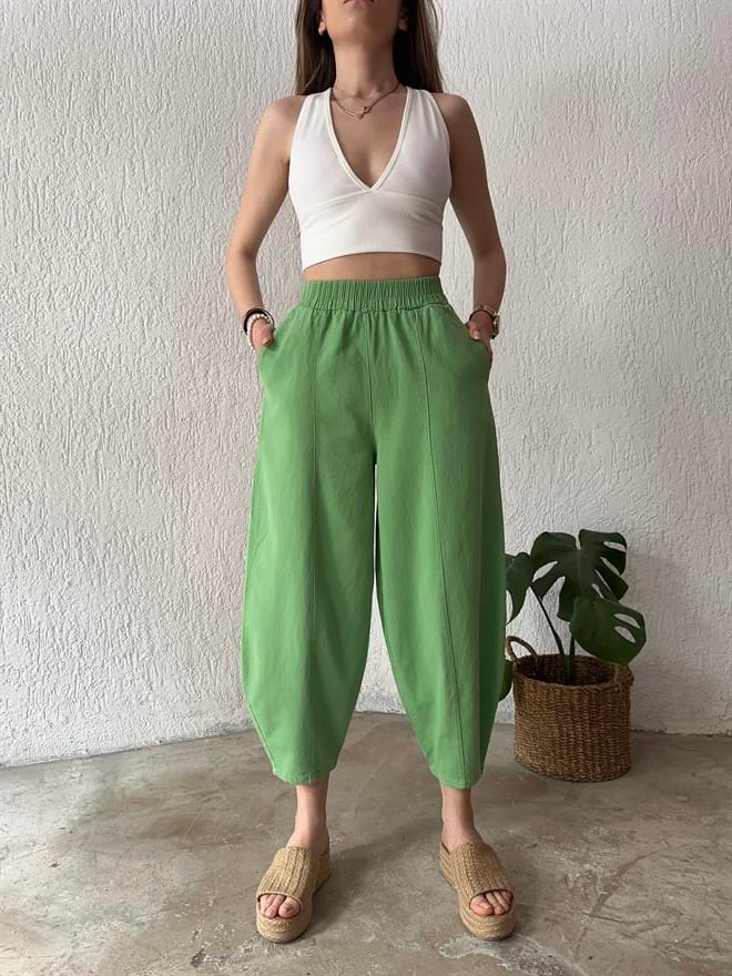 Gabardin Şalvar Pantolon - Fıstık Yeşili - Dominatrend