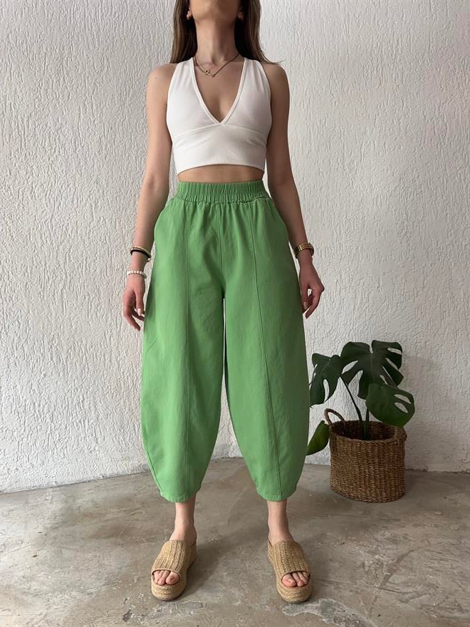 Gabardin Şalvar Pantolon - Fıstık Yeşili - Dominatrend