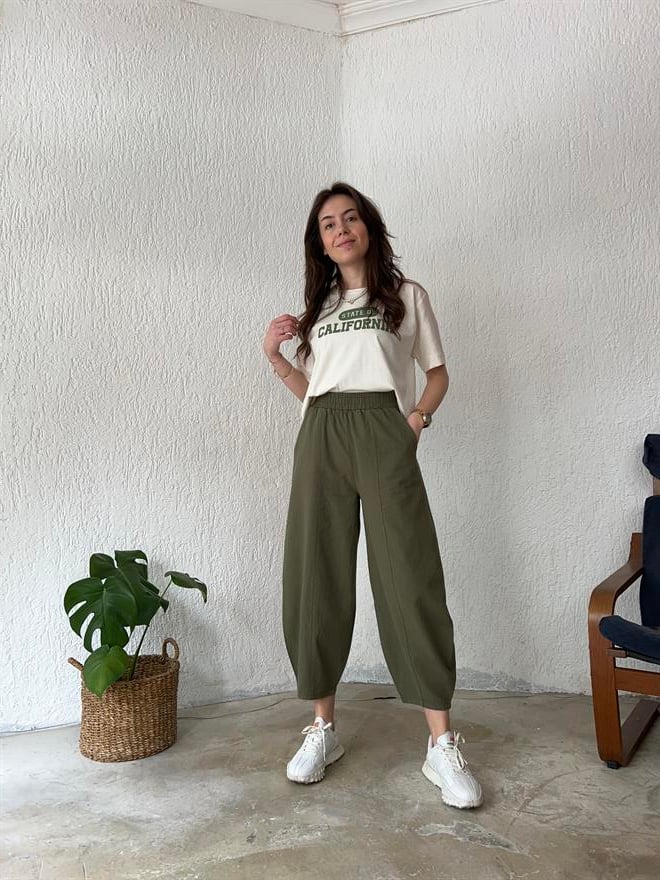 Gabardin Şalvar Pantolon - Haki - Dominatrend
