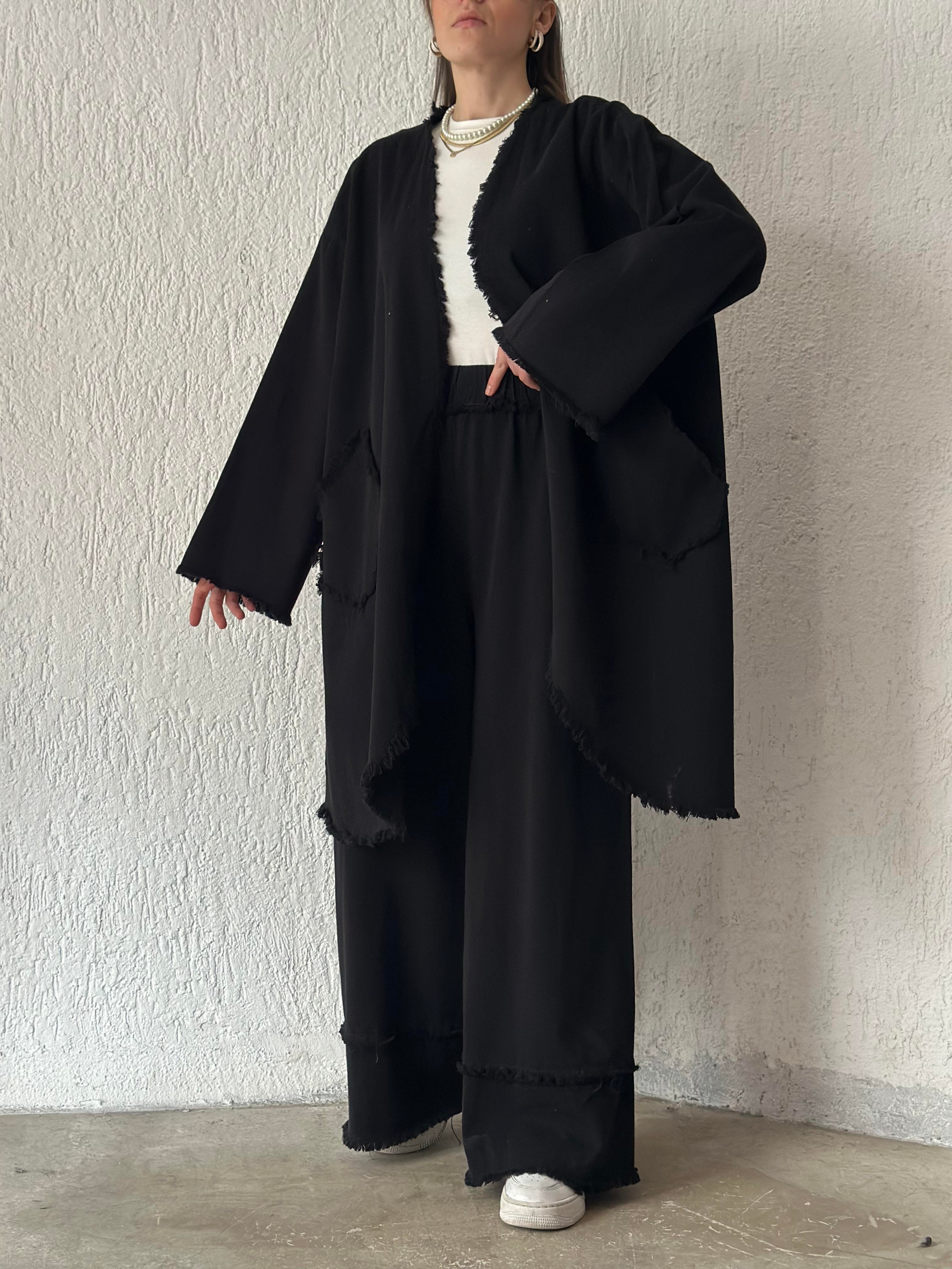 Gabardin Tasarım Kimono Pantolon Takım Siyah - Dominatrend