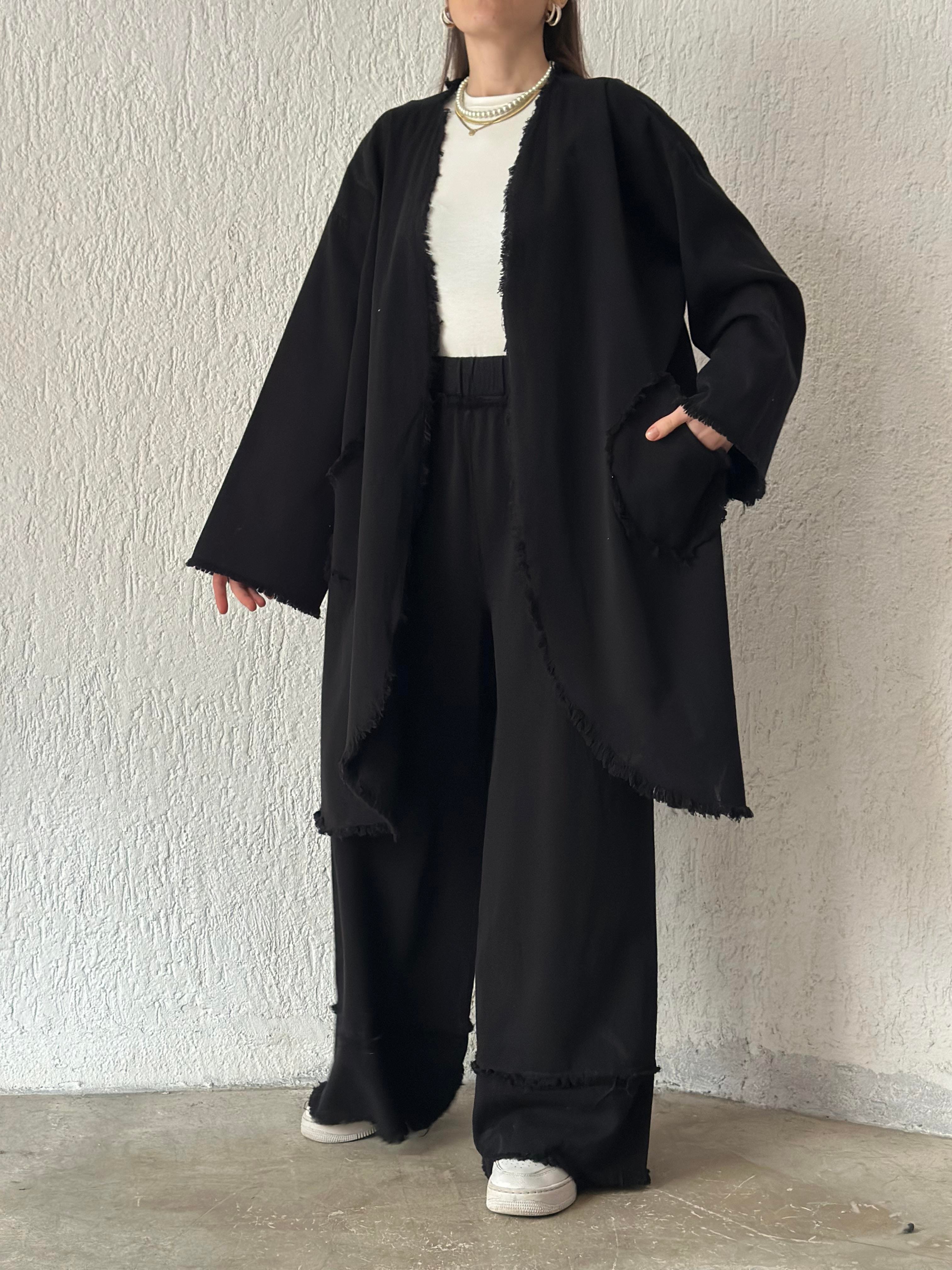 Gabardin Tasarım Kimono Pantolon Takım Siyah - Dominatrend