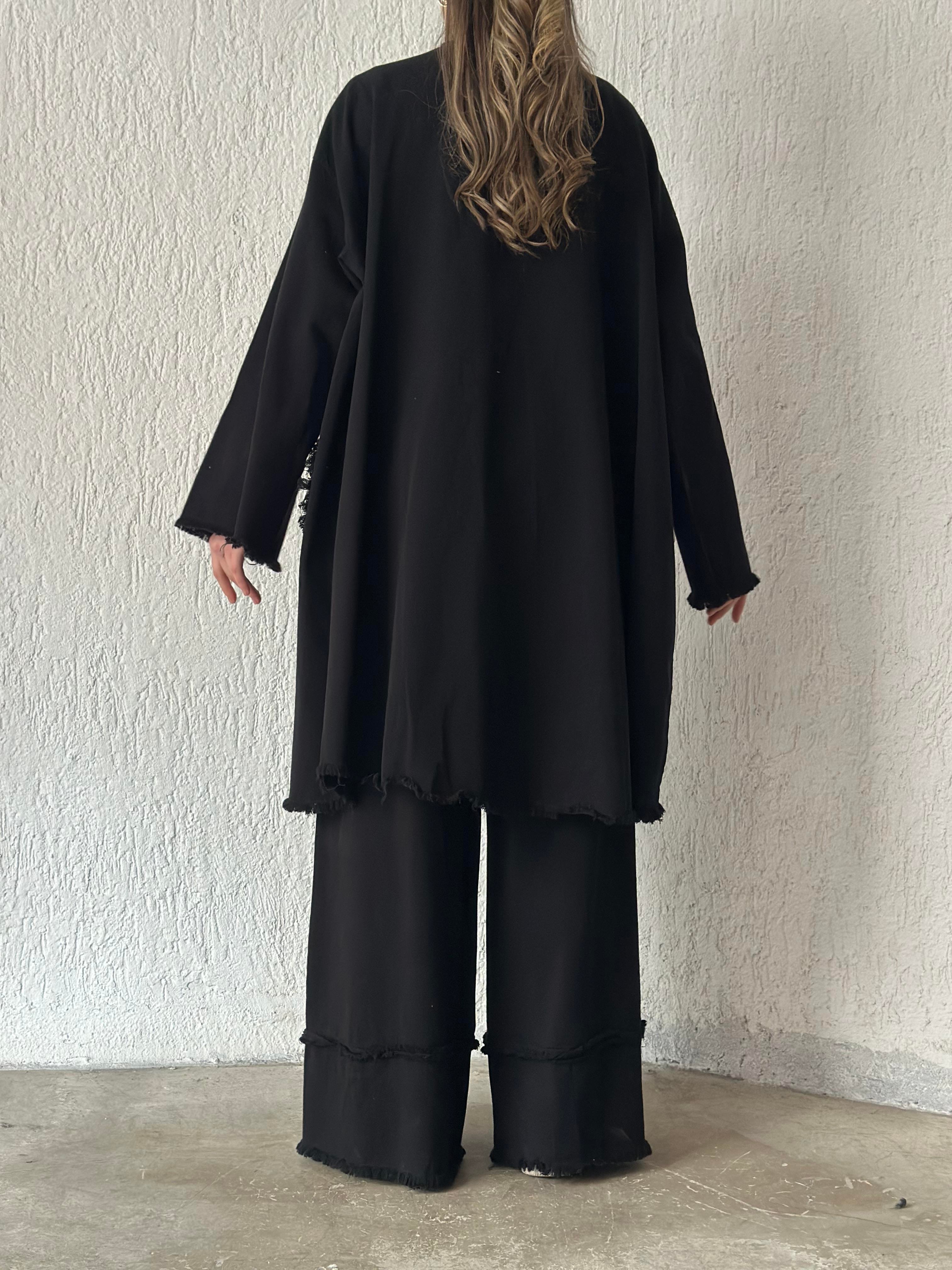 Gabardin Tasarım Kimono Pantolon Takım Siyah - Dominatrend