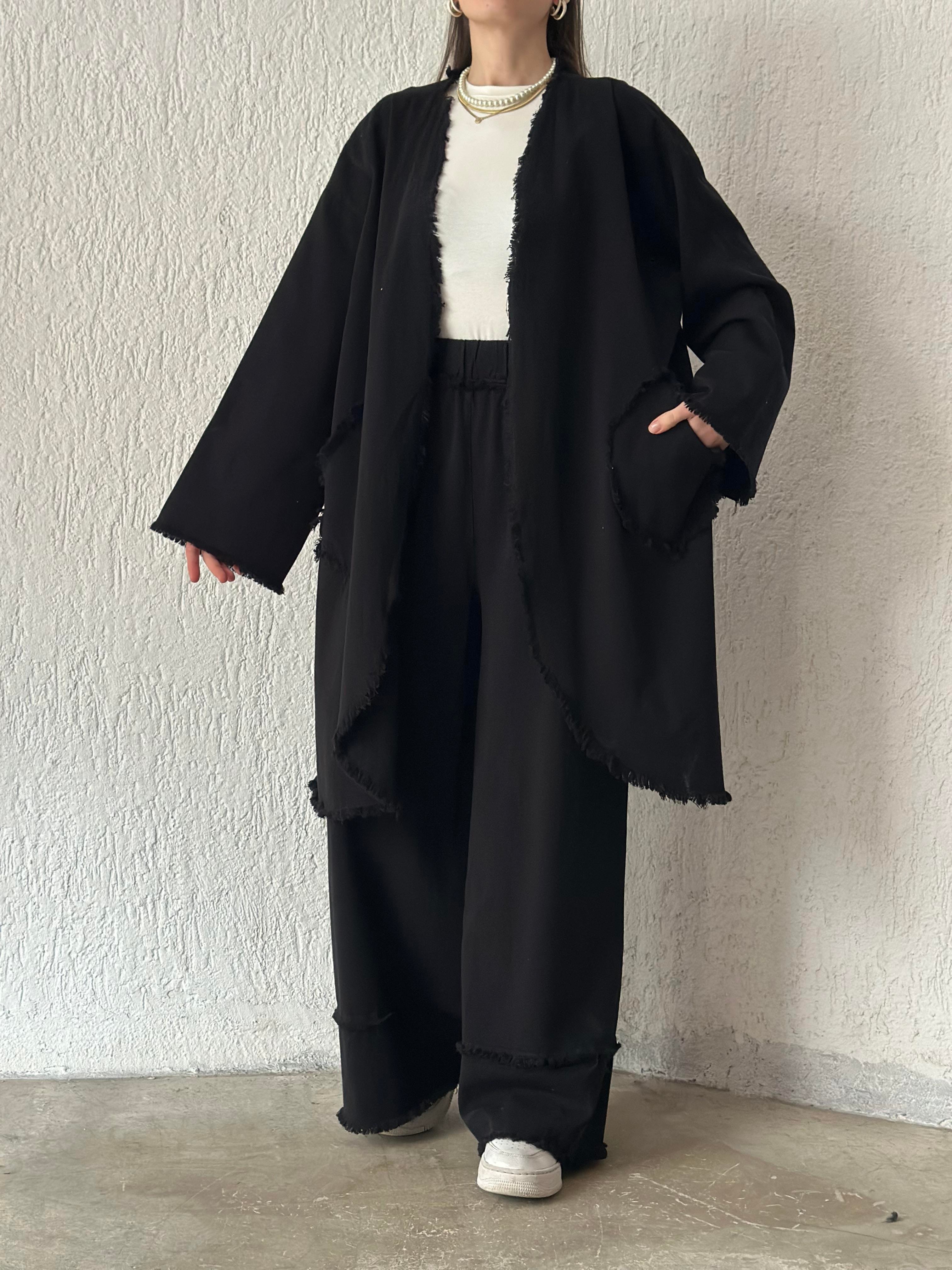 Gabardin Tasarım Kimono Pantolon Takım Siyah - Dominatrend