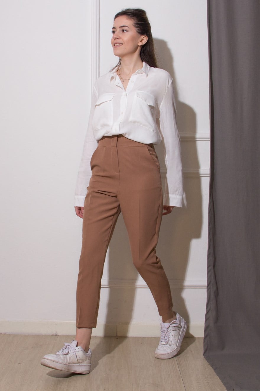 Gizli Fermuarlı Kumaş Pantolon - Camel - Dominatrend