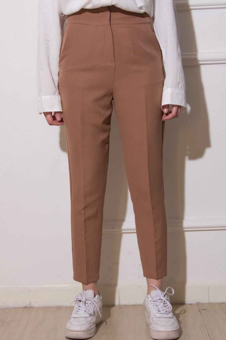 Gizli Fermuarlı Kumaş Pantolon - Camel - Dominatrend