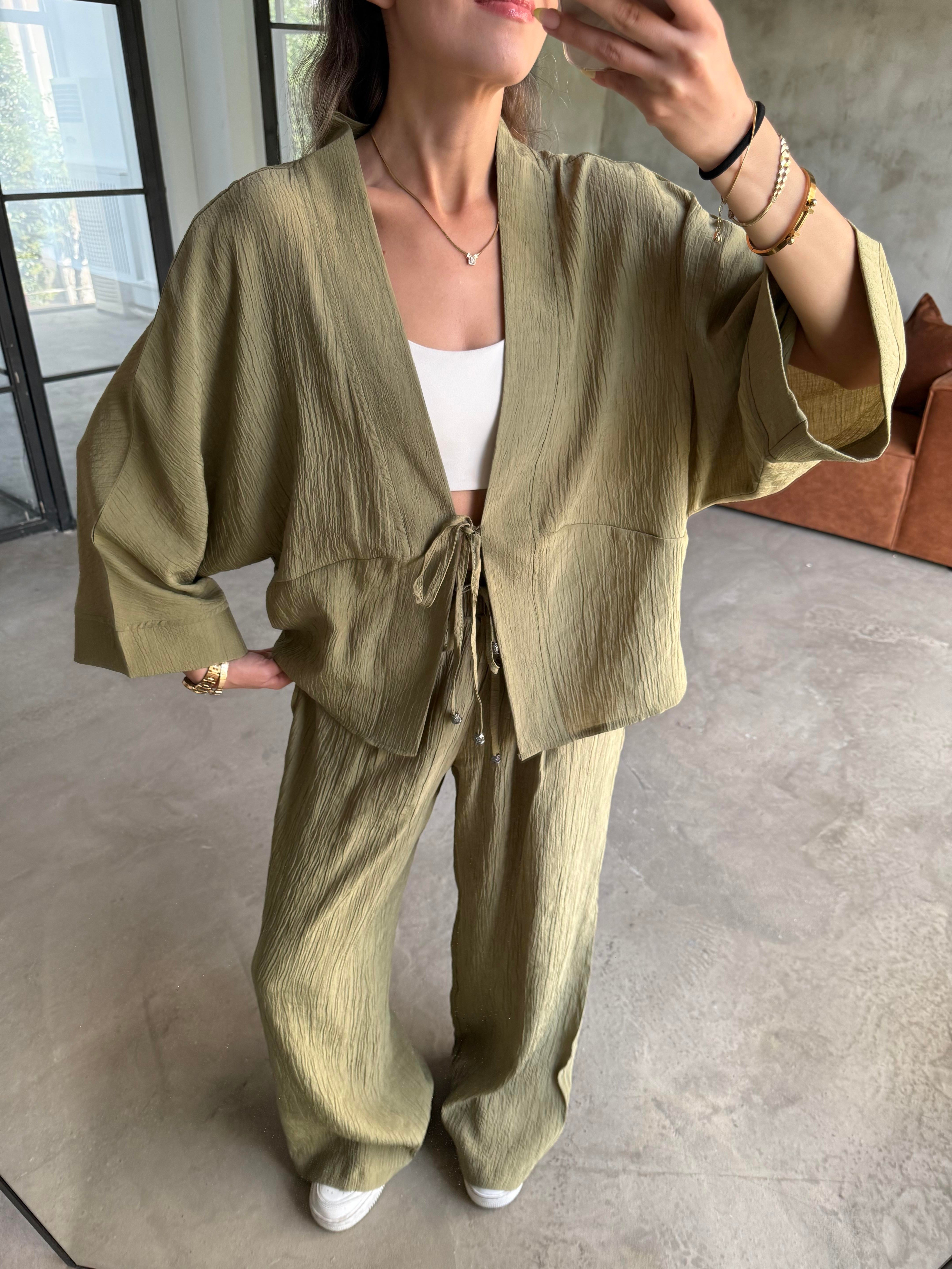 Gofre Bluz Pantalon Takım Yeşil - Dominatrend