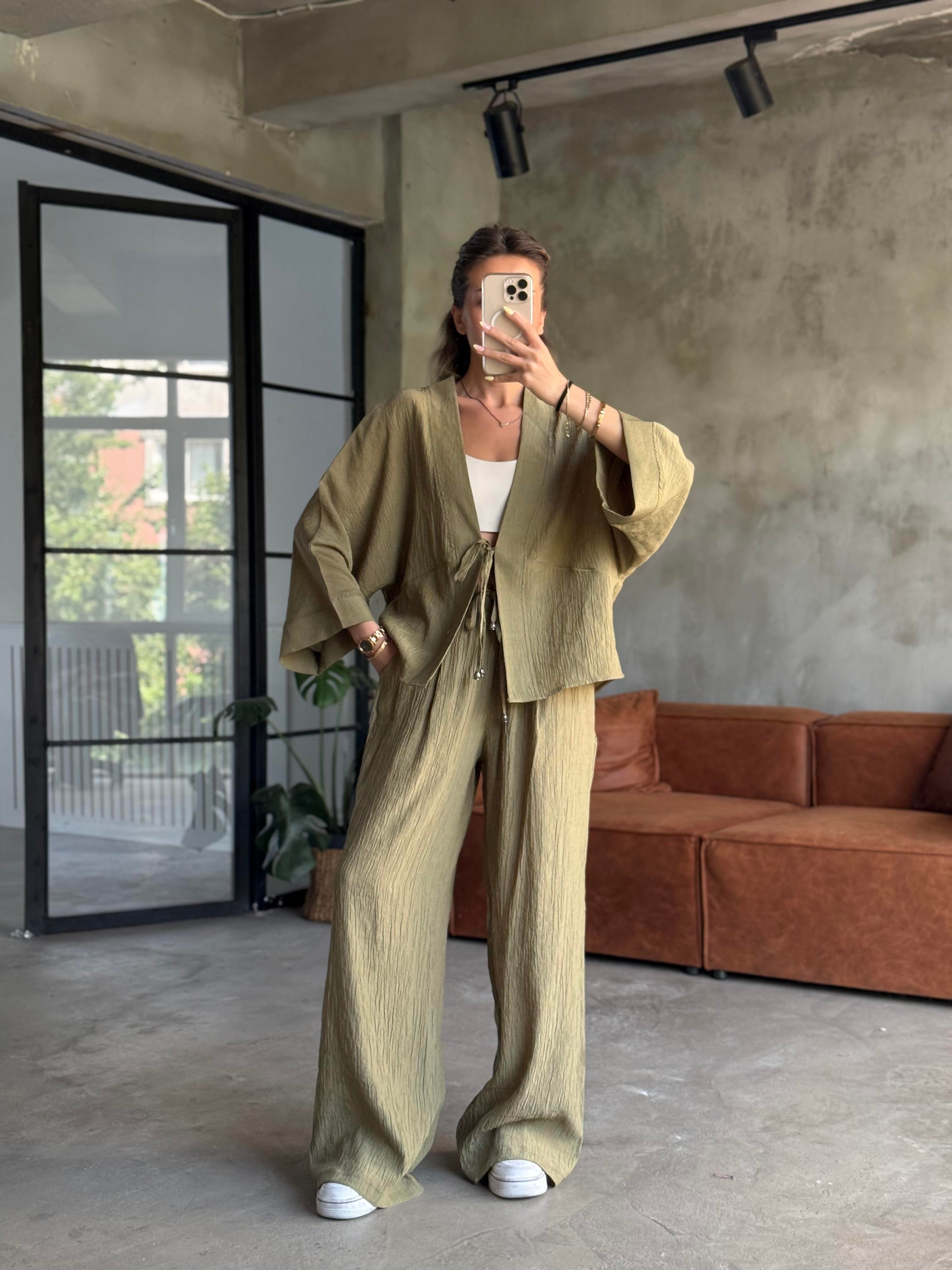 Gofre Bluz Pantalon Takım Yeşil - Dominatrend
