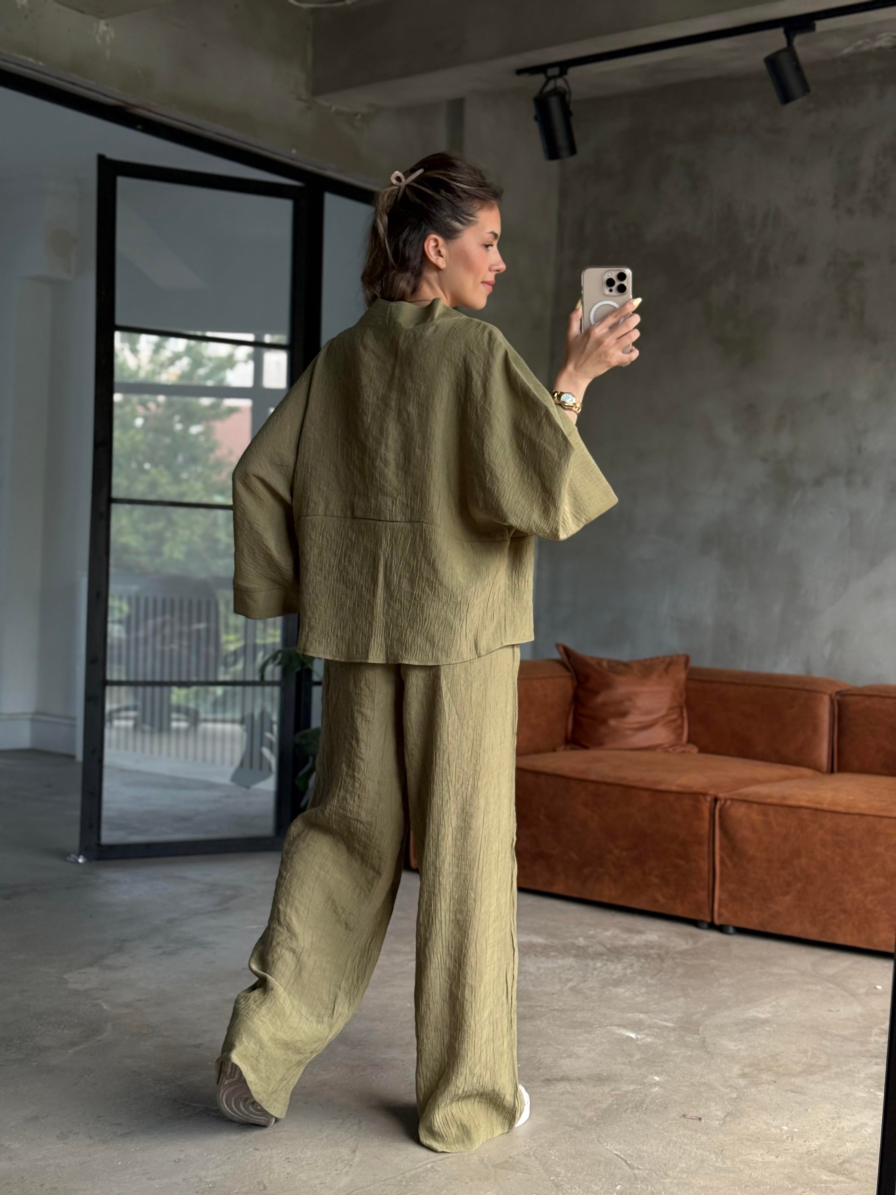 Gofre Bluz Pantalon Takım Yeşil - Dominatrend