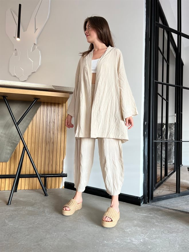 Gofre İkili Takım - Krem - Dominatrend