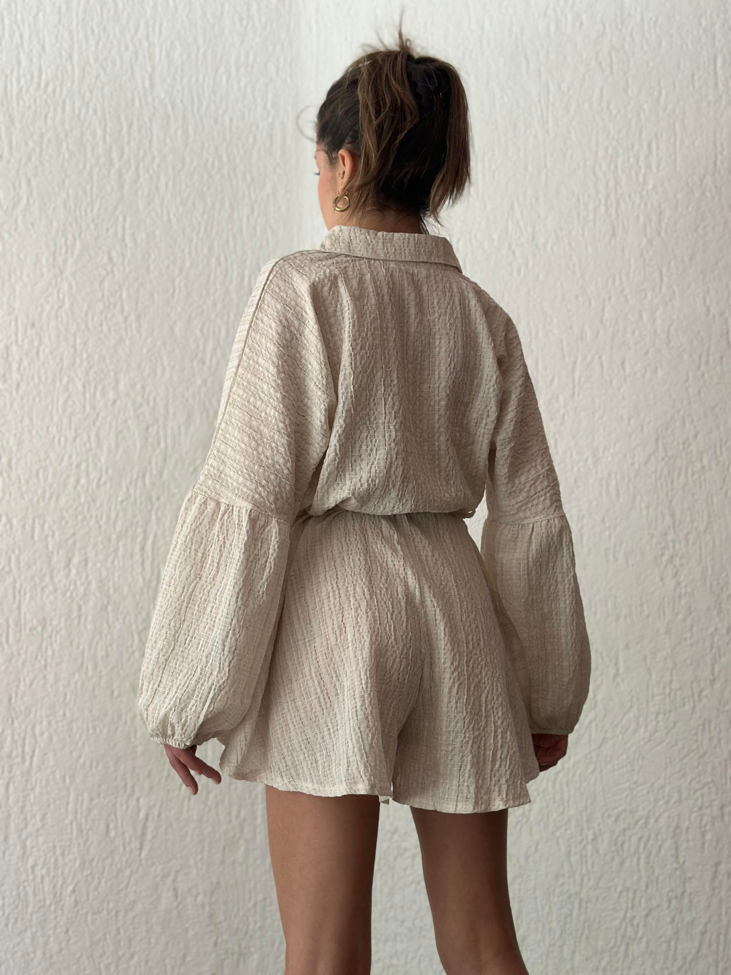 Gofre Kuşaklı Tulum - Bej - Dominatrend