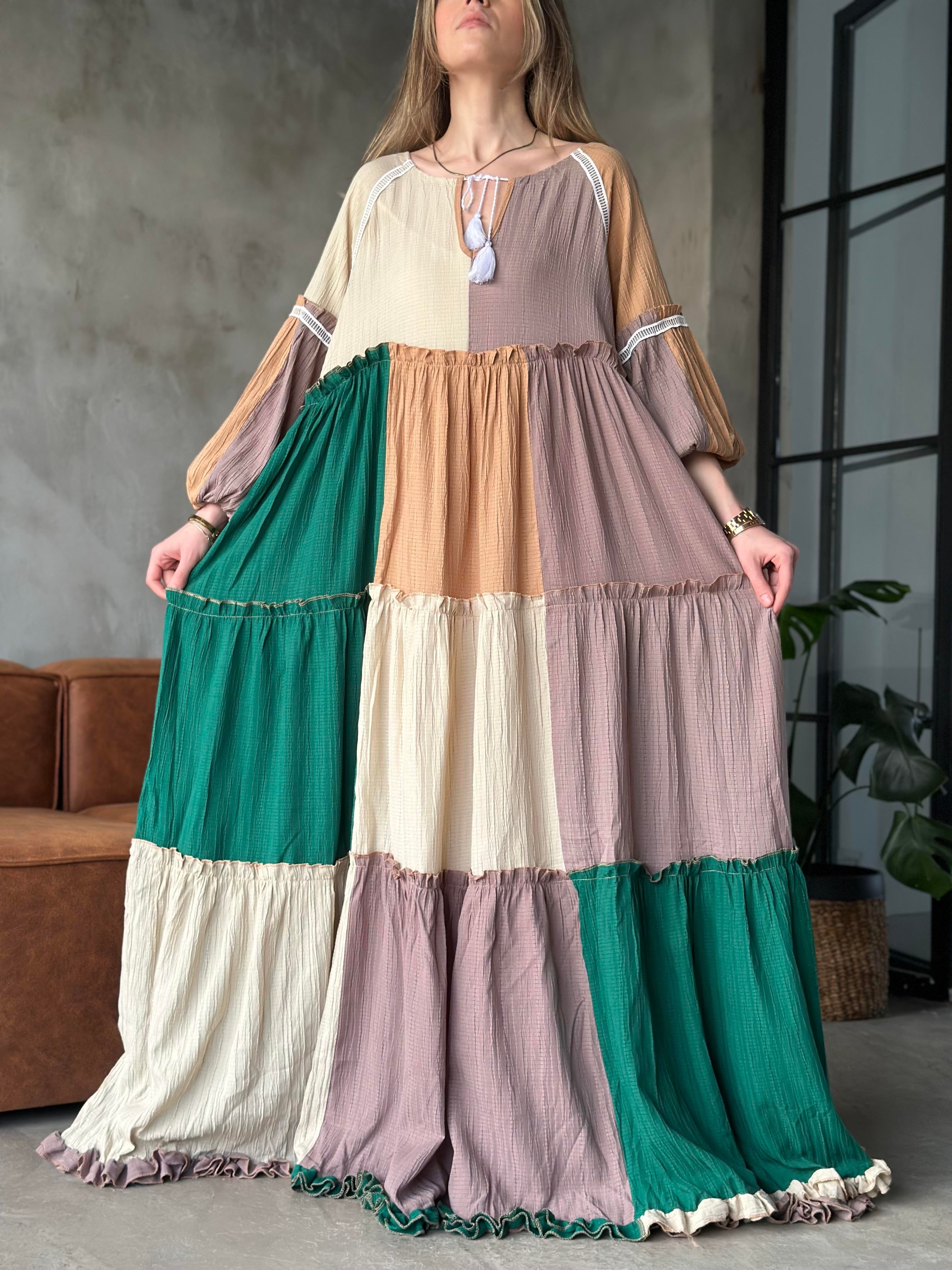 Gofre Parçalı Yama Maxi Boy Elbise - Dominatrend