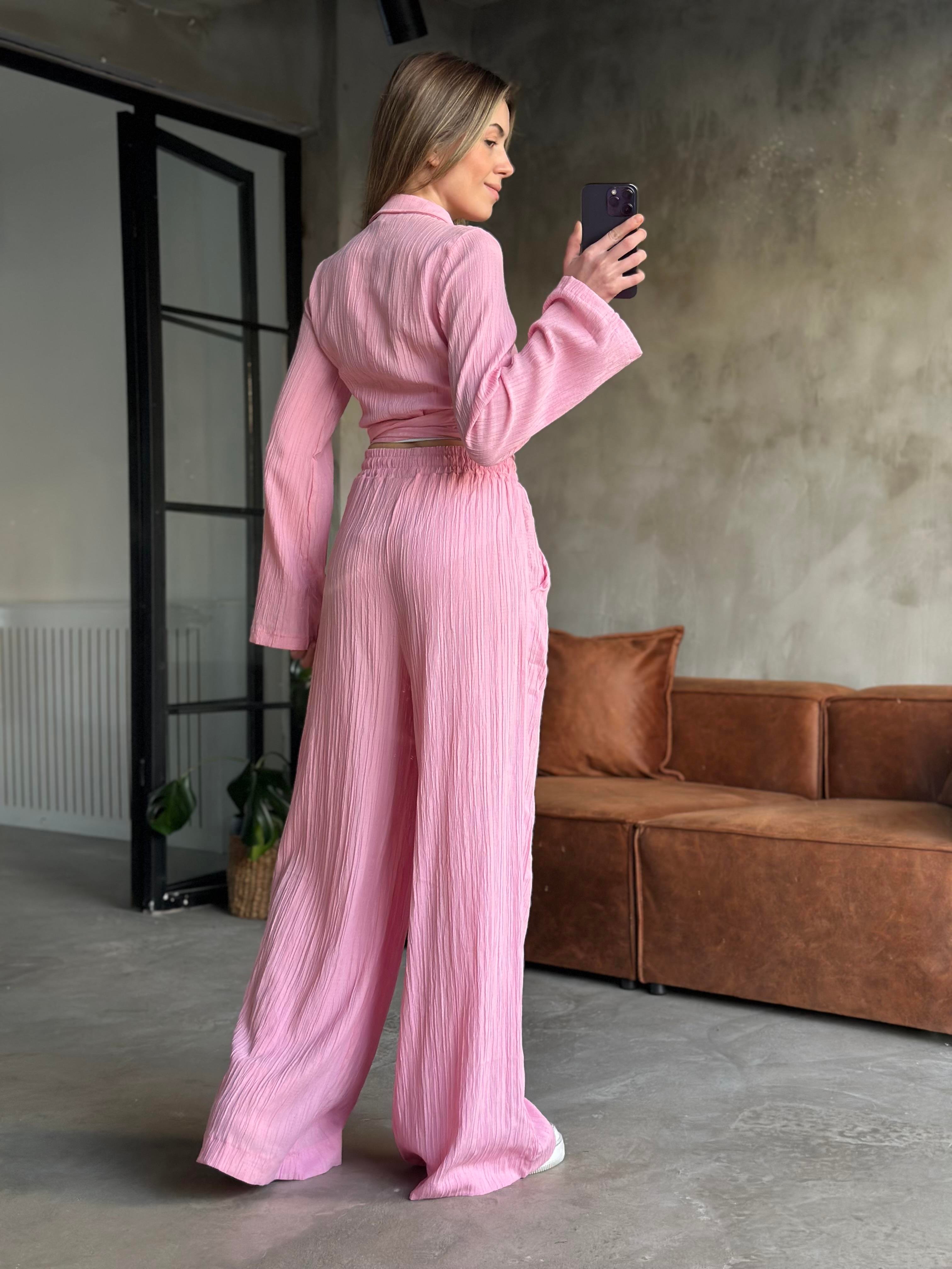 Gofre Salaş Pantolon Kruvaze Bluz Takım- Pembe - Dominatrend