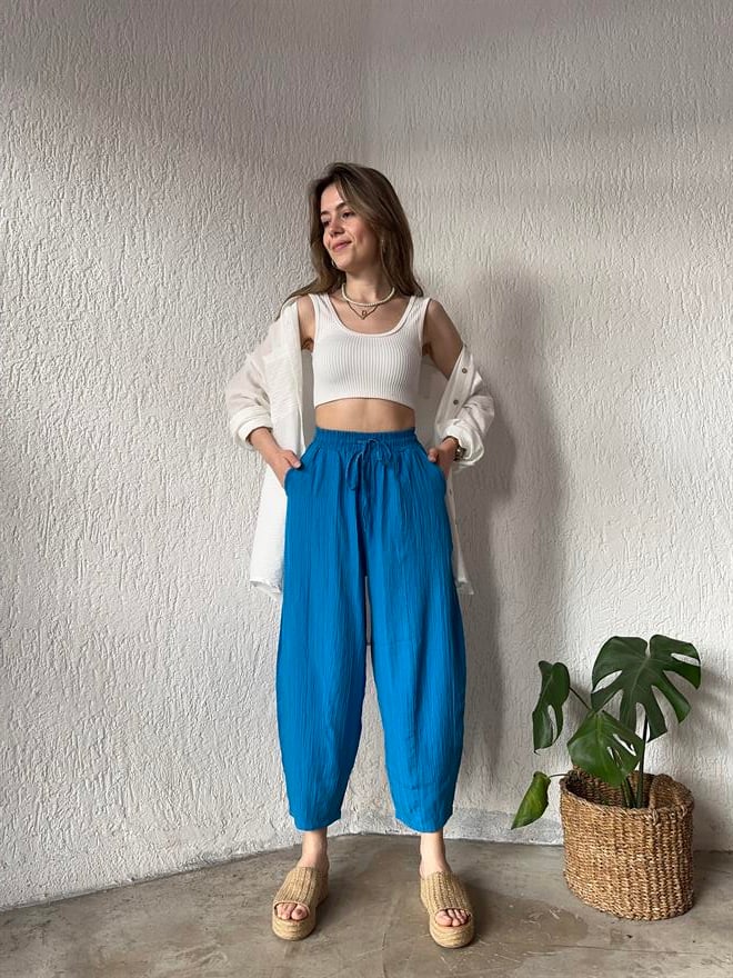 Gofre Şalvar Pantolon - Mavi - Dominatrend