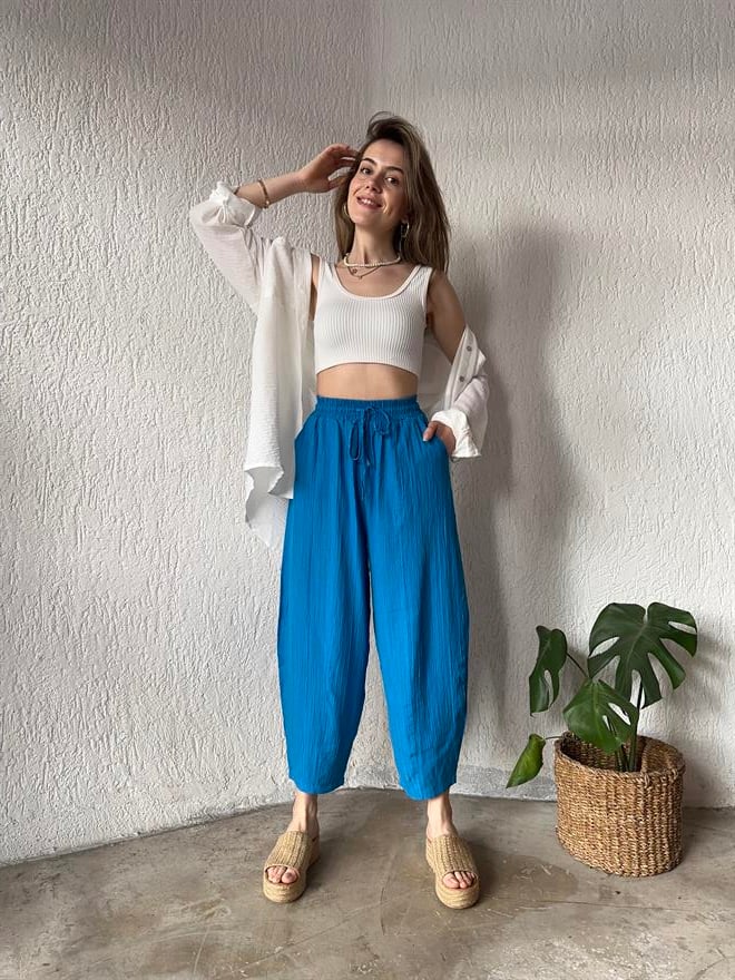 Gofre Şalvar Pantolon - Mavi - Dominatrend