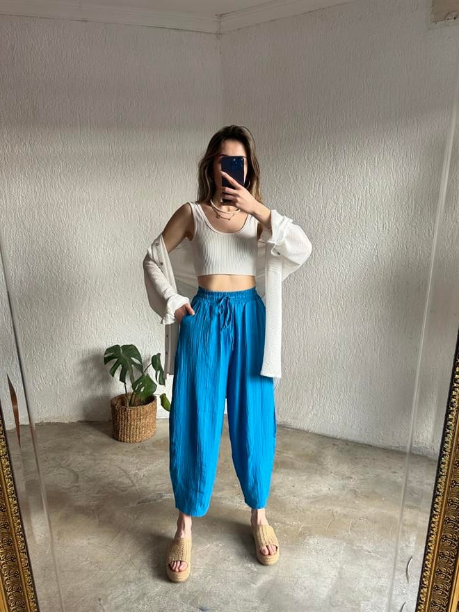 Gofre Şalvar Pantolon - Mavi - Dominatrend