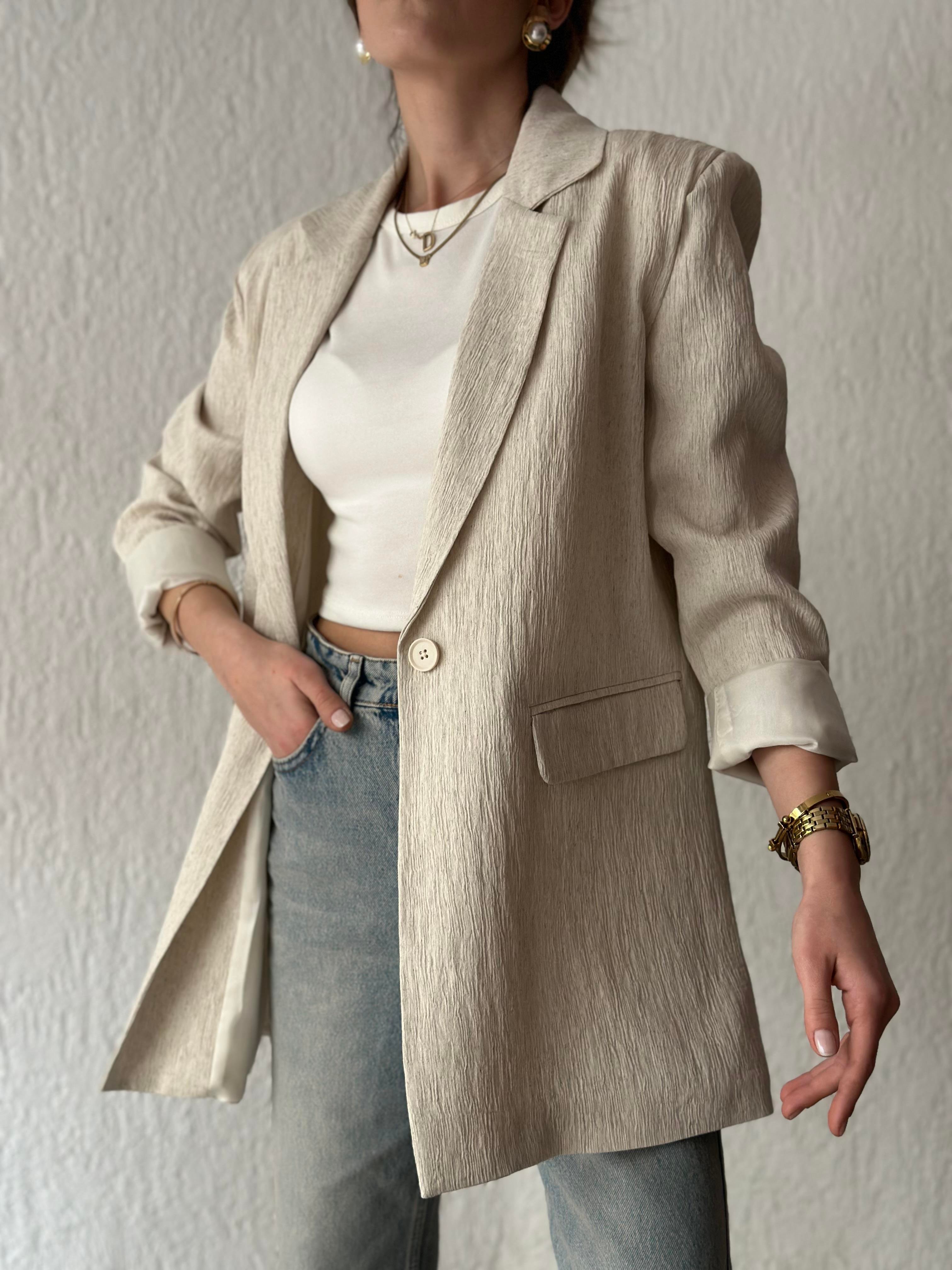 Gofre Vatkalı Blazer Ceket  - Bej - Dominatrend