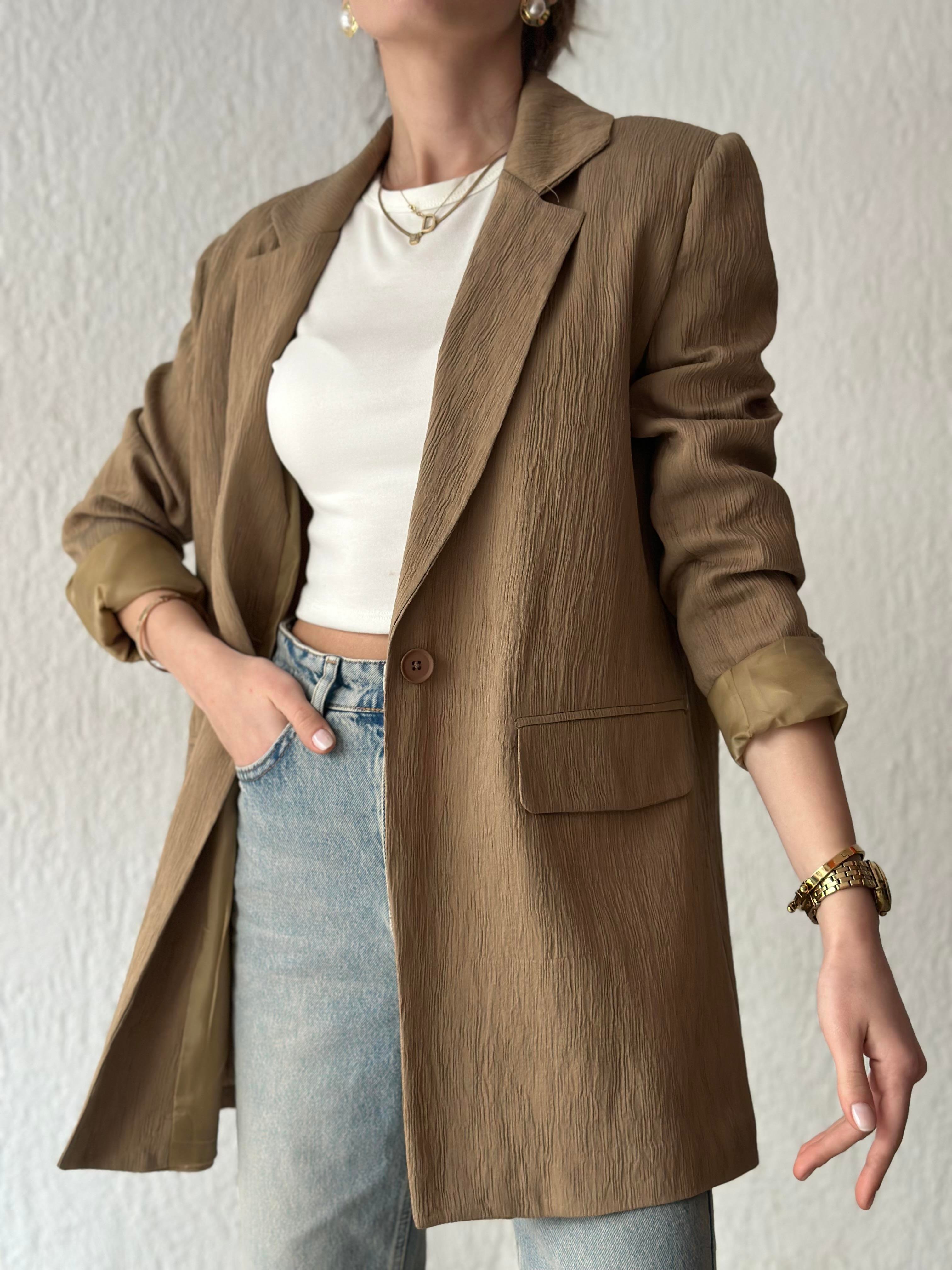 Gofre Vatkalı Blazer Ceket - Camel - Dominatrend
