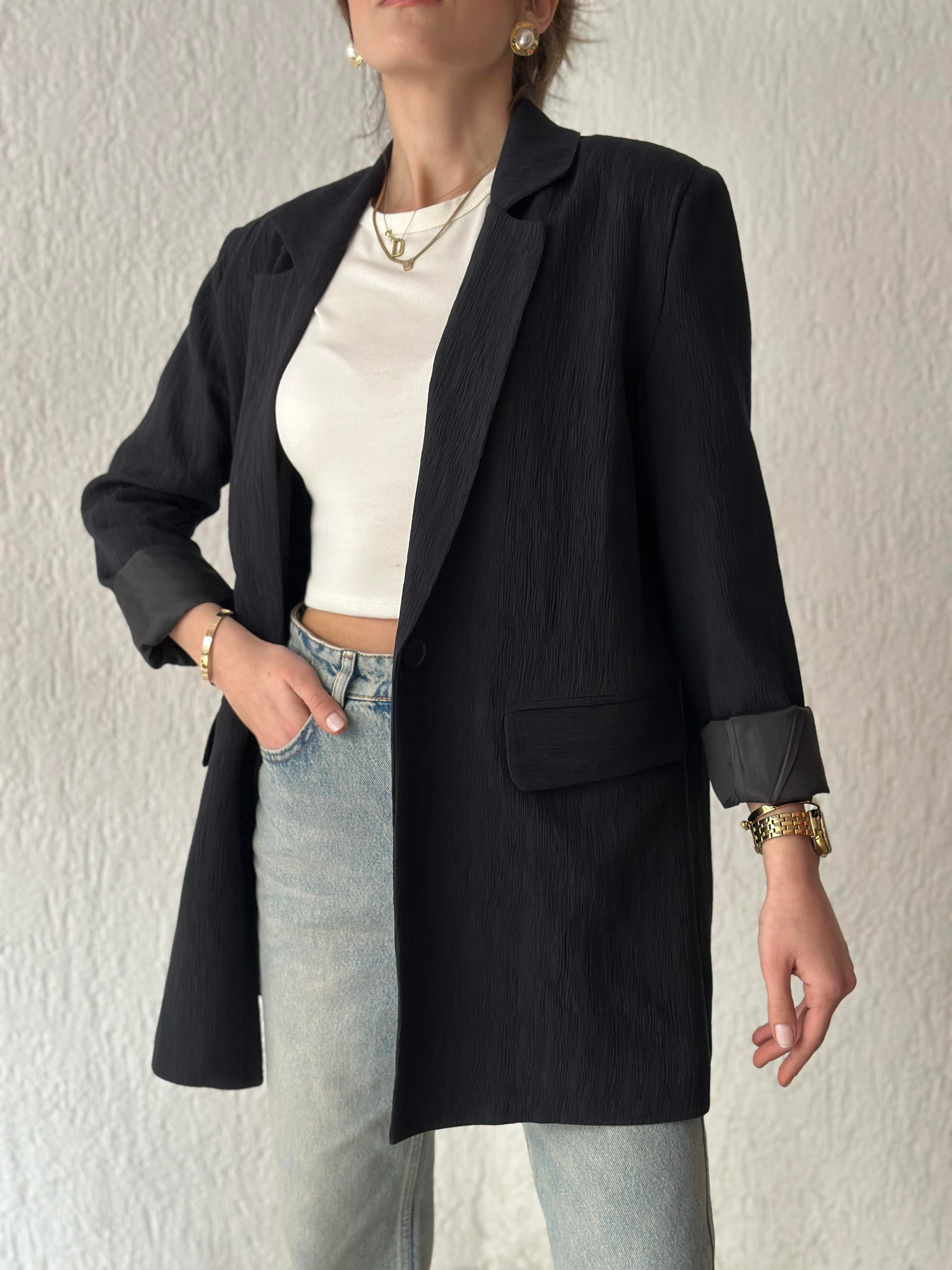 Gofre Vatkalı Blazer Ceket - Lacivert - Dominatrend