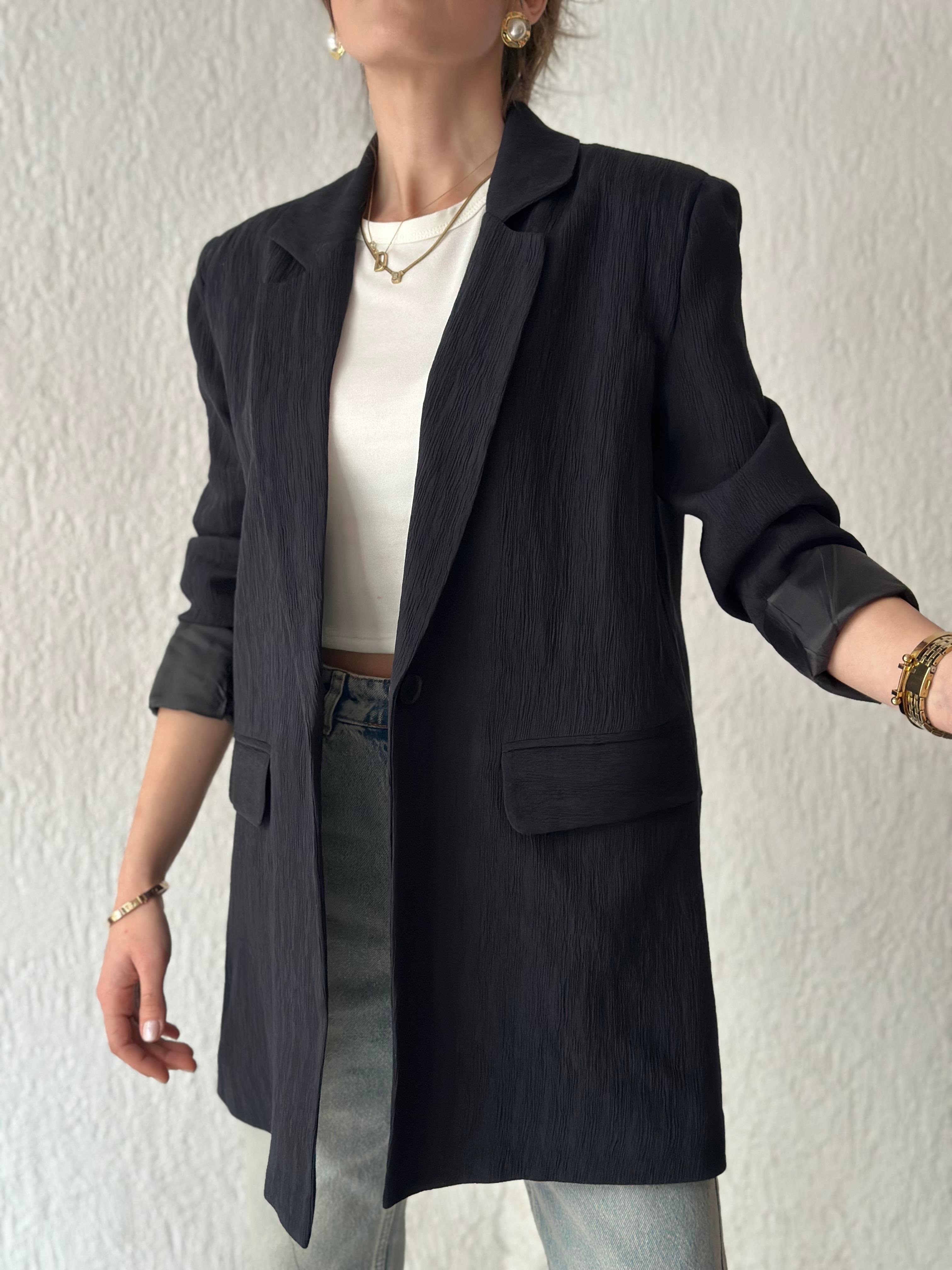 Gofre Vatkalı Blazer Ceket - Lacivert - Dominatrend