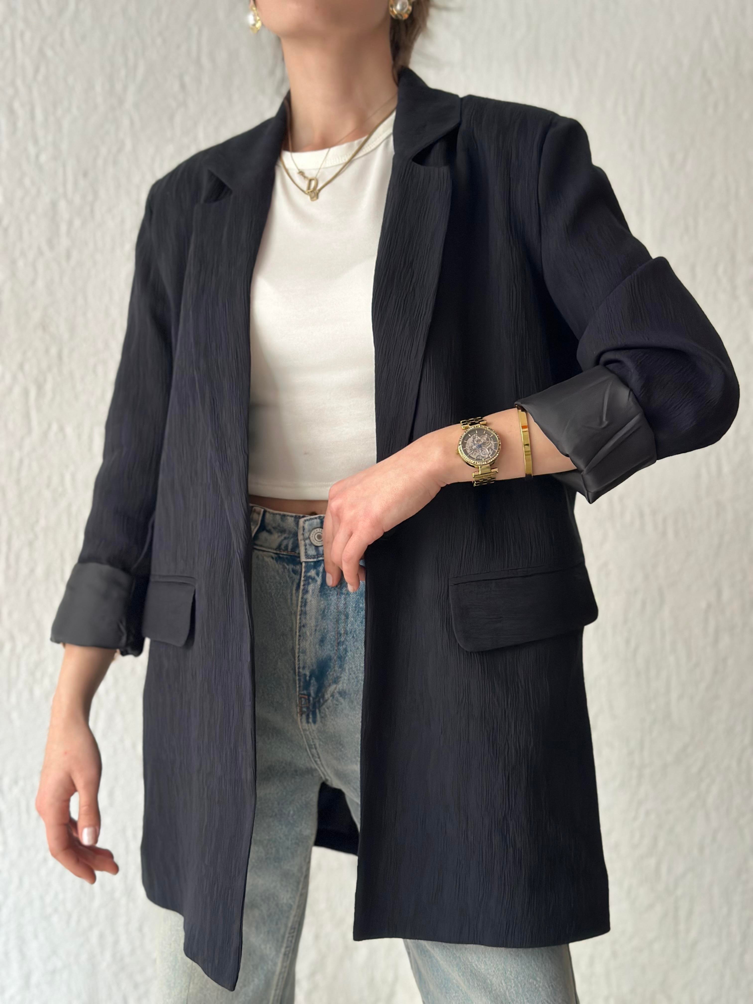 Gofre Vatkalı Blazer Ceket - Lacivert - Dominatrend