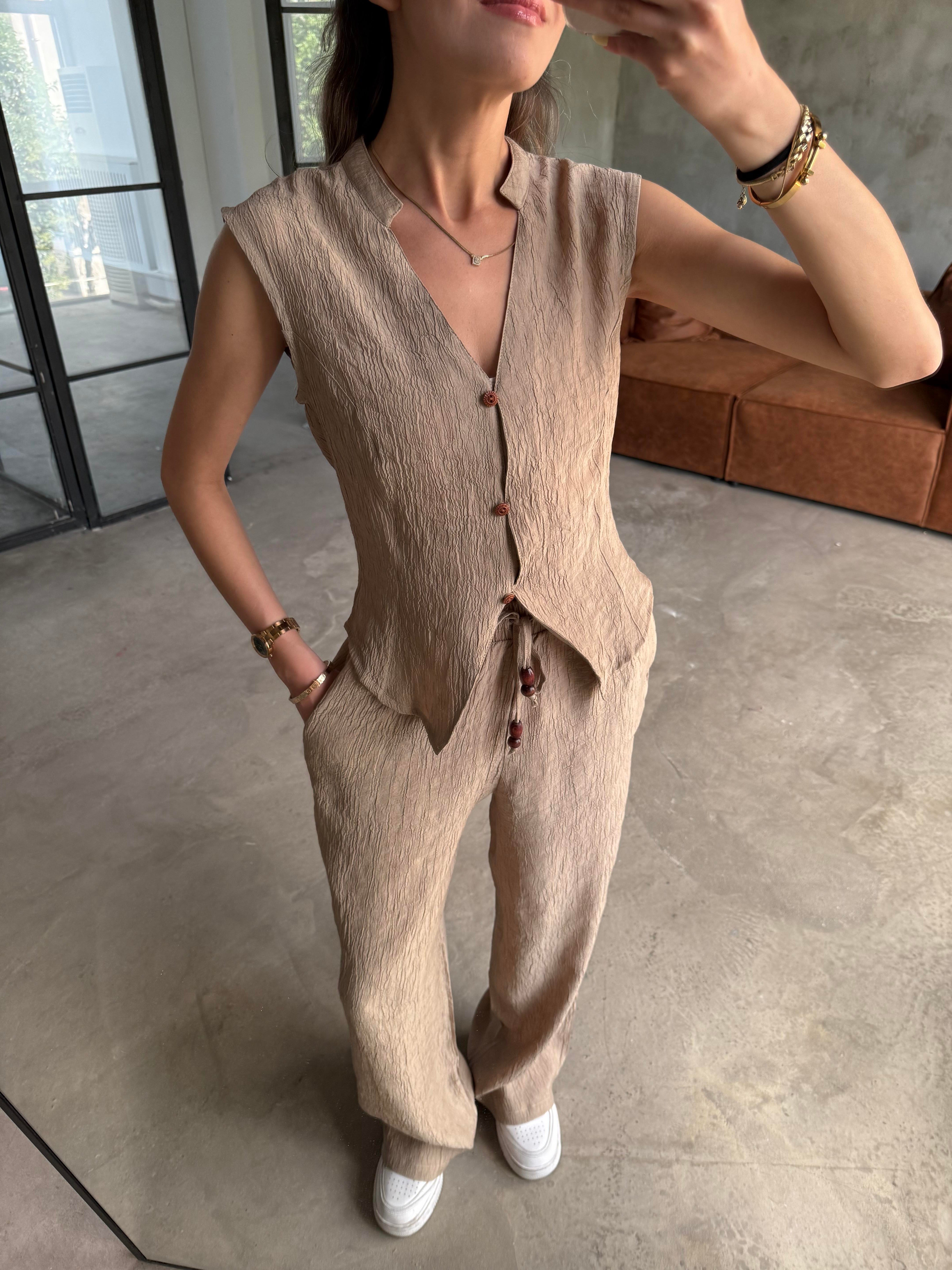 Gofre Yelek Pantolon Takım Camel - Dominatrend