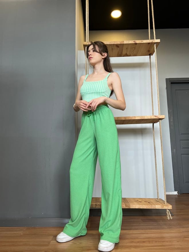 Gofreli Salaş Pantolon Yeşil - Dominatrend