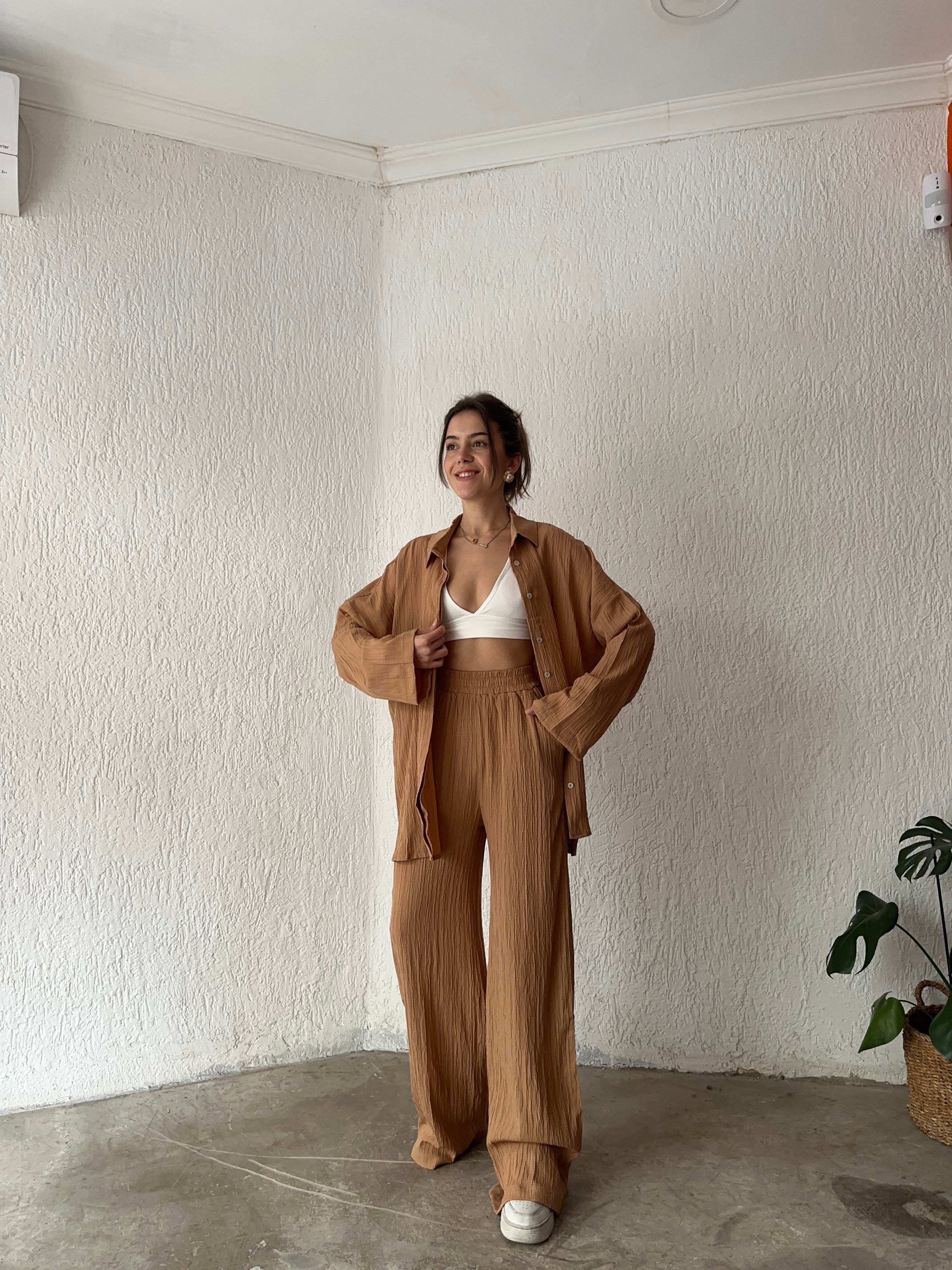 Gömlek Pantolon Gofre Takım - Camel - Dominatrend