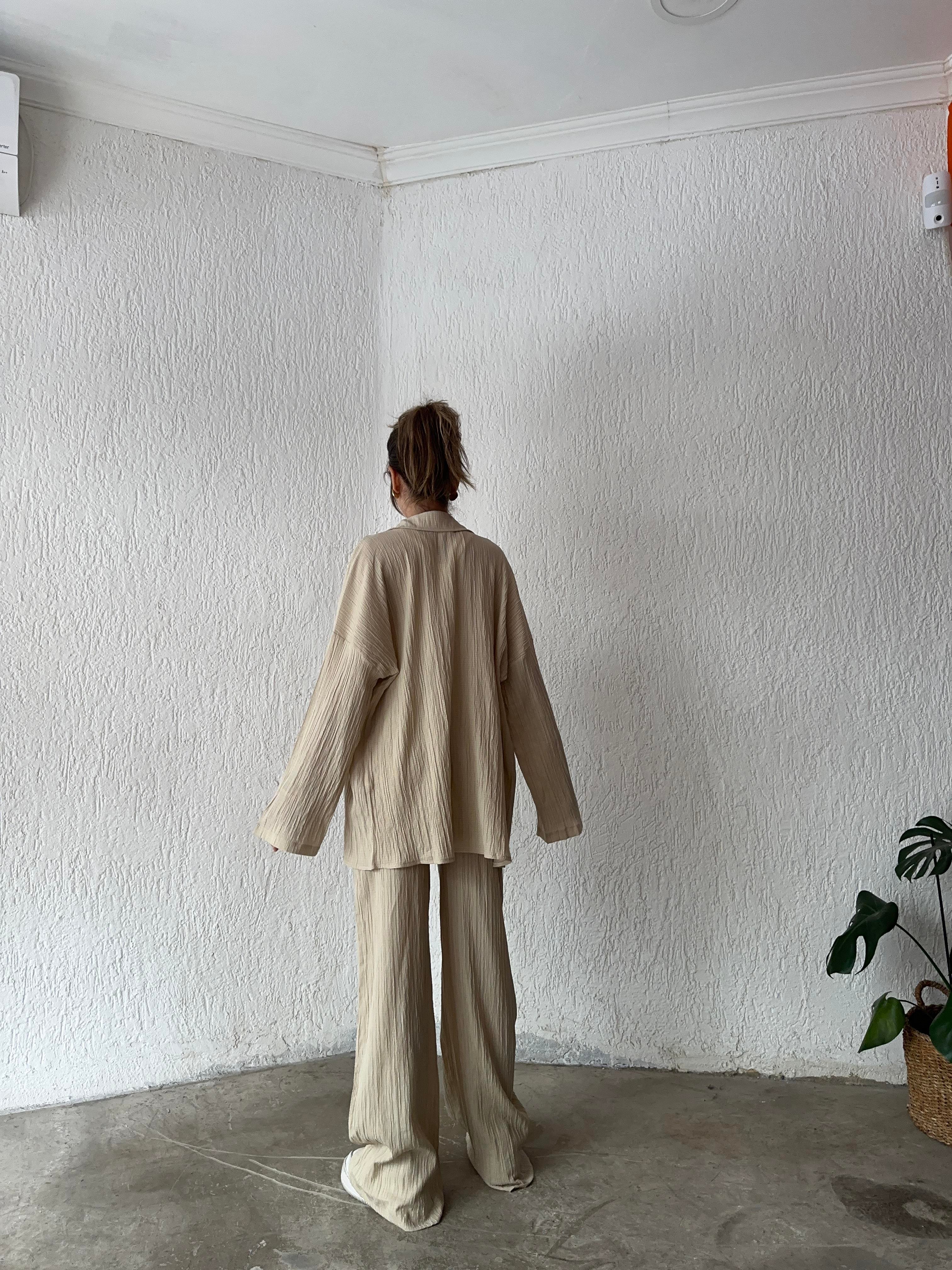 Gömlek Pantolon Gofre Takım - Krem - Dominatrend