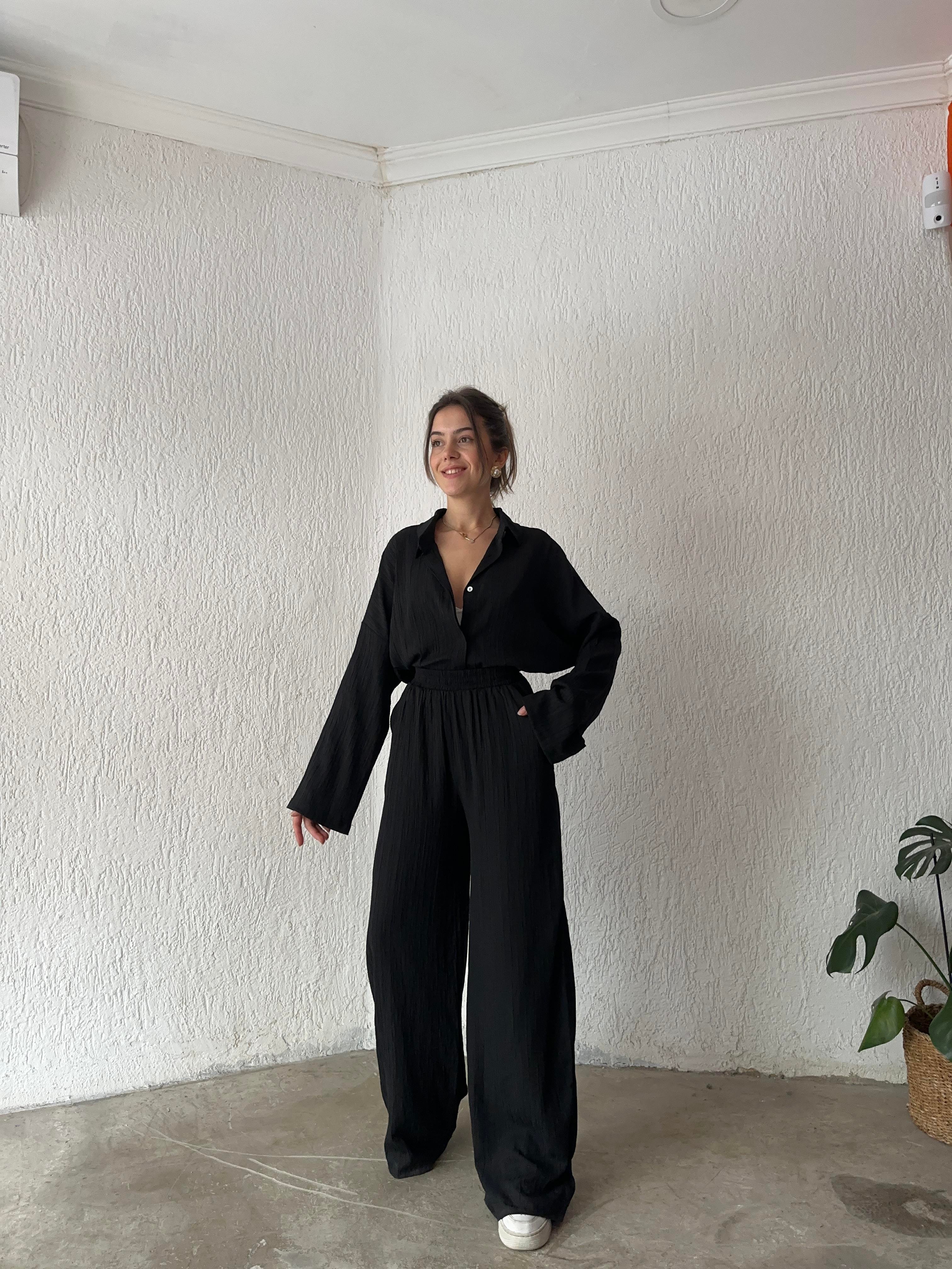 Gömlek Pantolon Gofre Takım - Siyah - Dominatrend