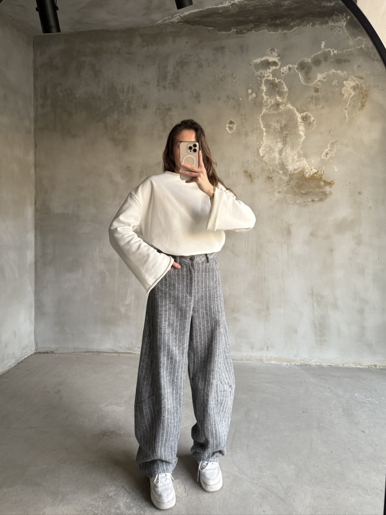 Gri Kaşe Çizgili Balon Pantolon - Dominatrend