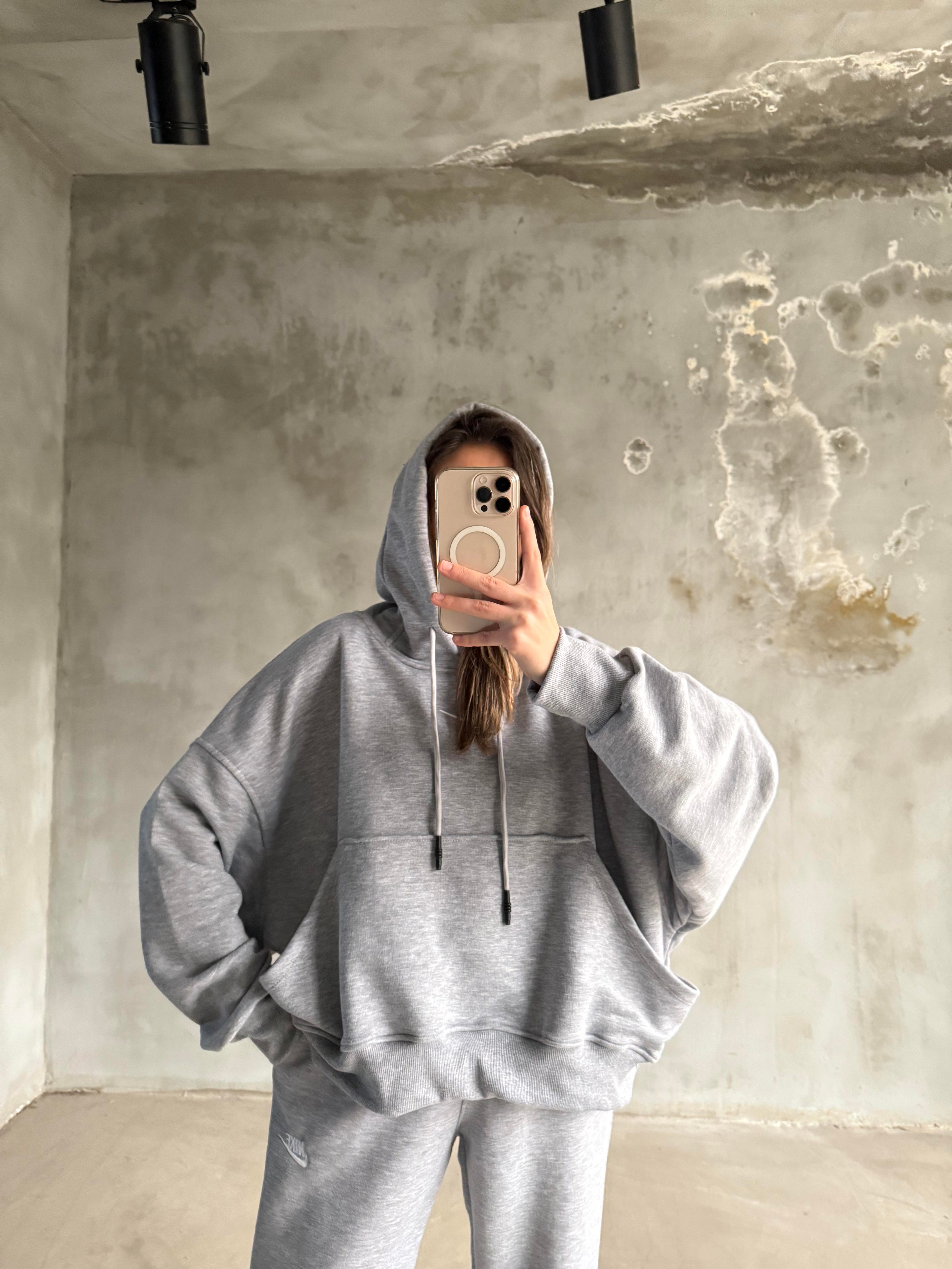 Gri Nakışlı Oversize Eşofman Takımı - Dominatrend