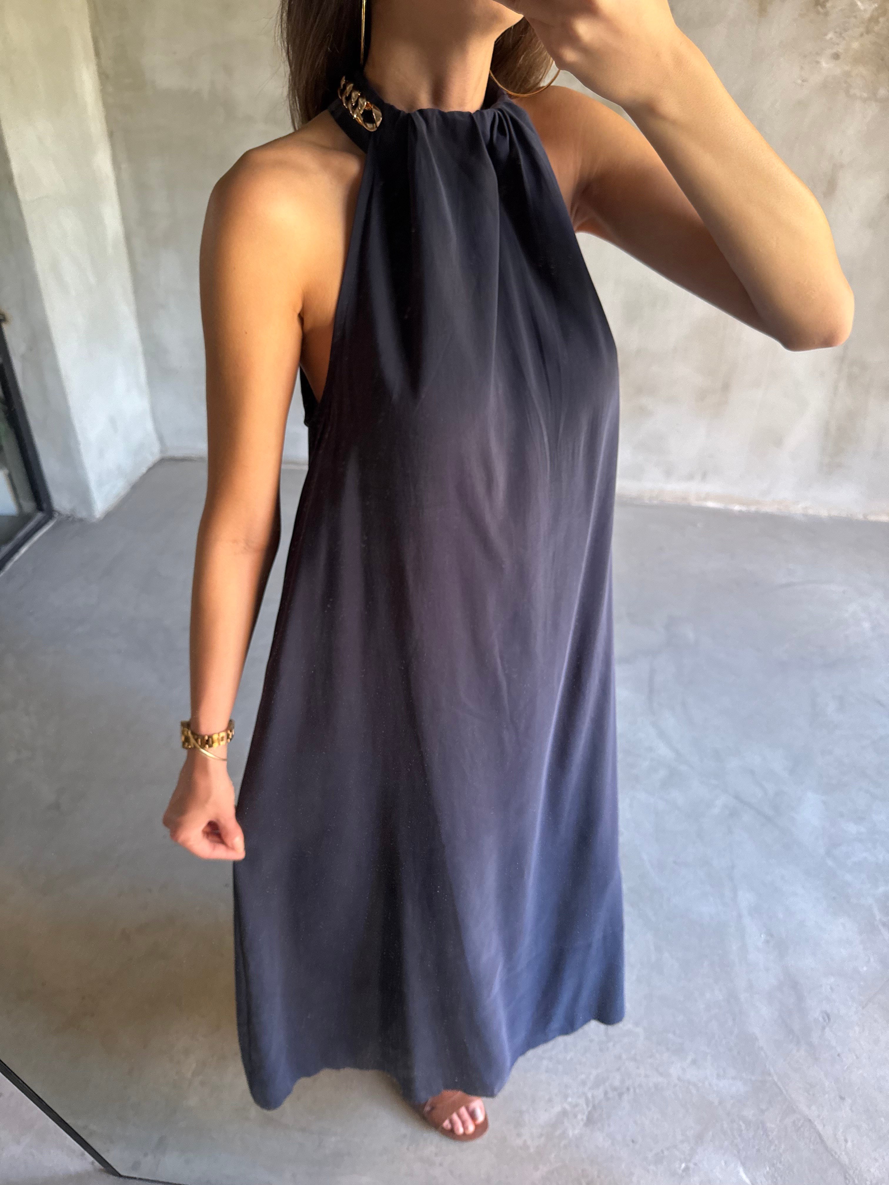 Halter Yaka Gold Kolye Detay Maxi Tensel Elbise - Lacivert - Dominatrend