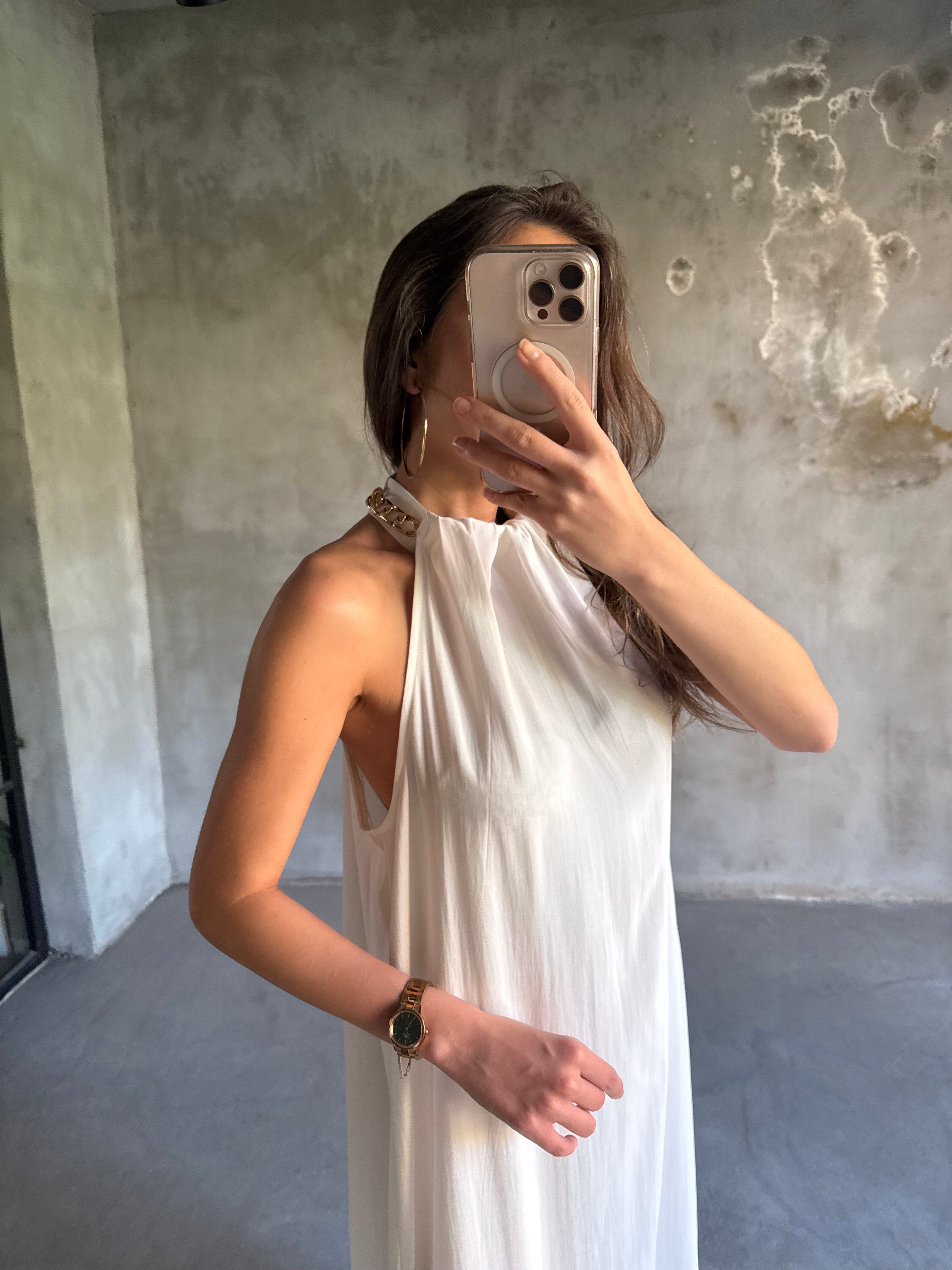 Halter Yaka Gold Kolye Detay Maxi Tensel Elbise - Beyaz - Dominatrend