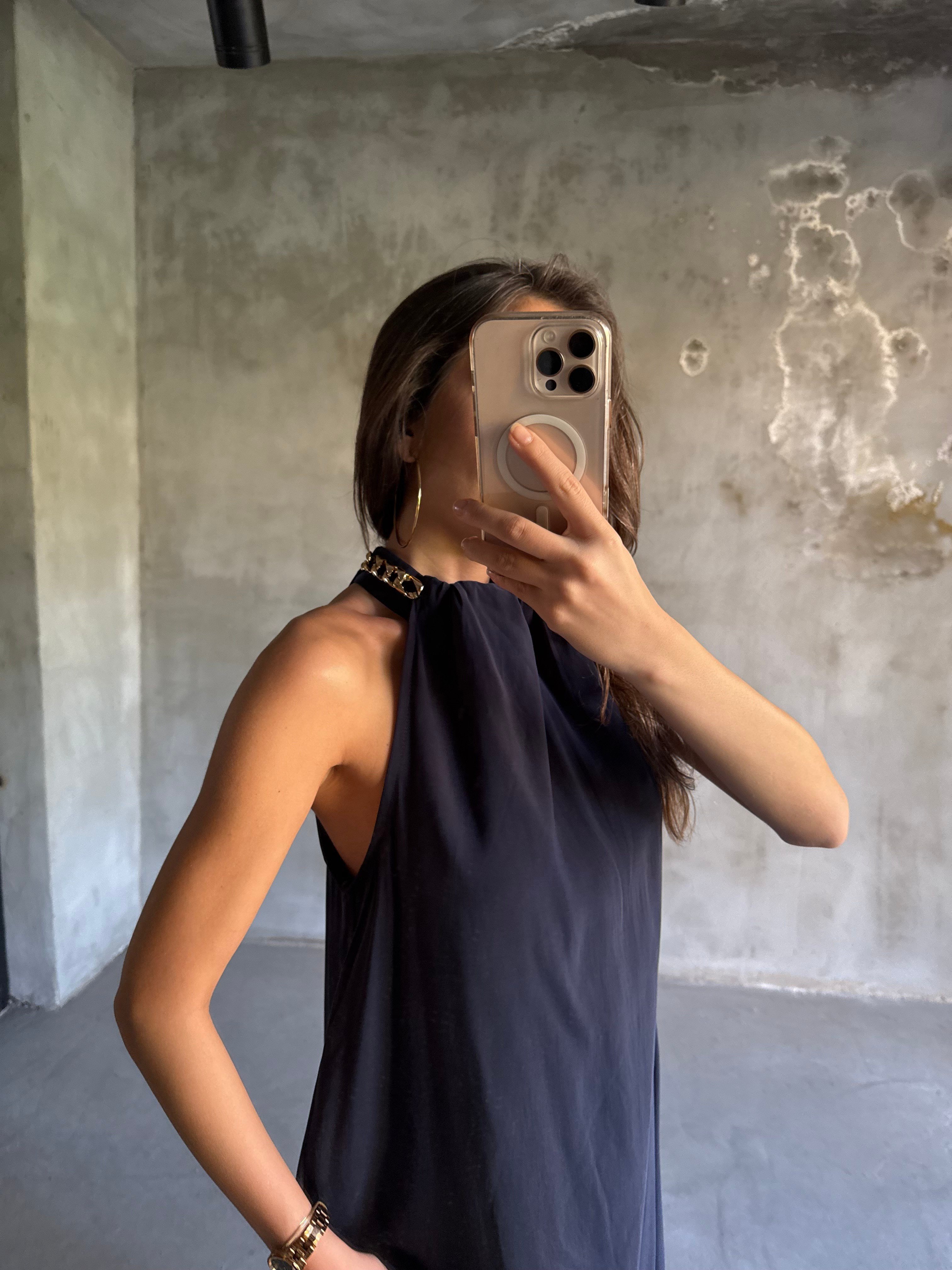 Halter Yaka Gold Kolye Detay Maxi Tensel Elbise - Lacivert - Dominatrend