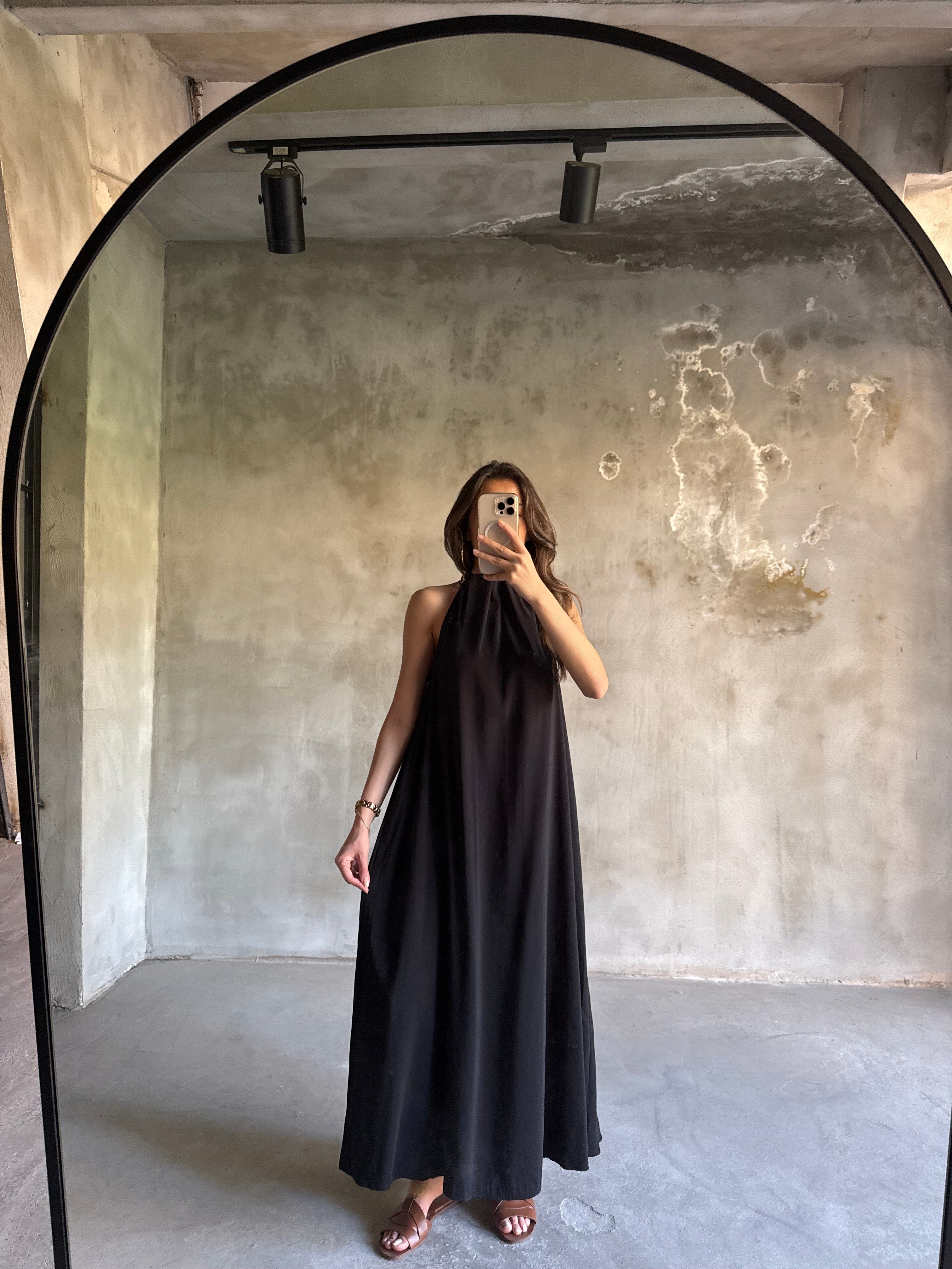 Halter Yaka Gold Kolye Detay Maxi Tensel Elbise - Siyah - Dominatrend