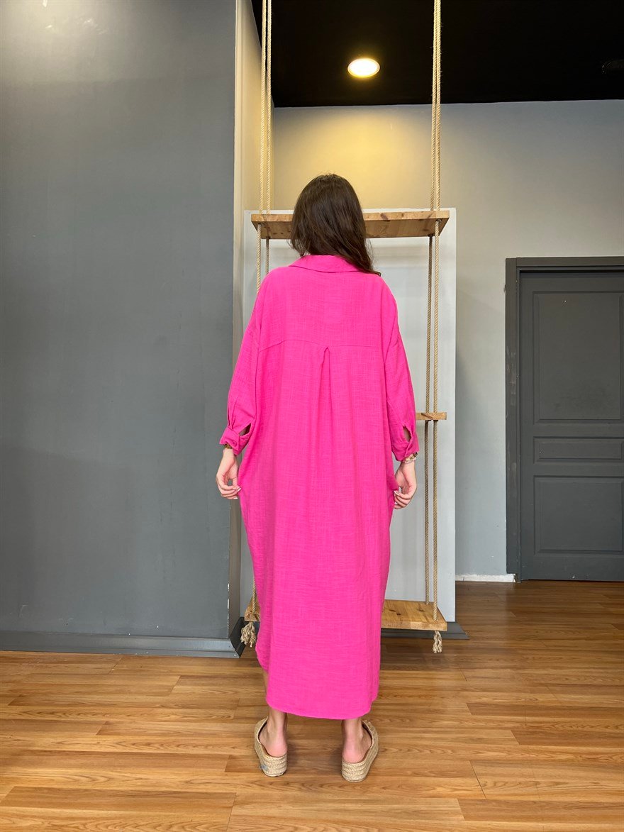Ham Keten Uzun Gömlek - Tunik Pembe - Dominatrend