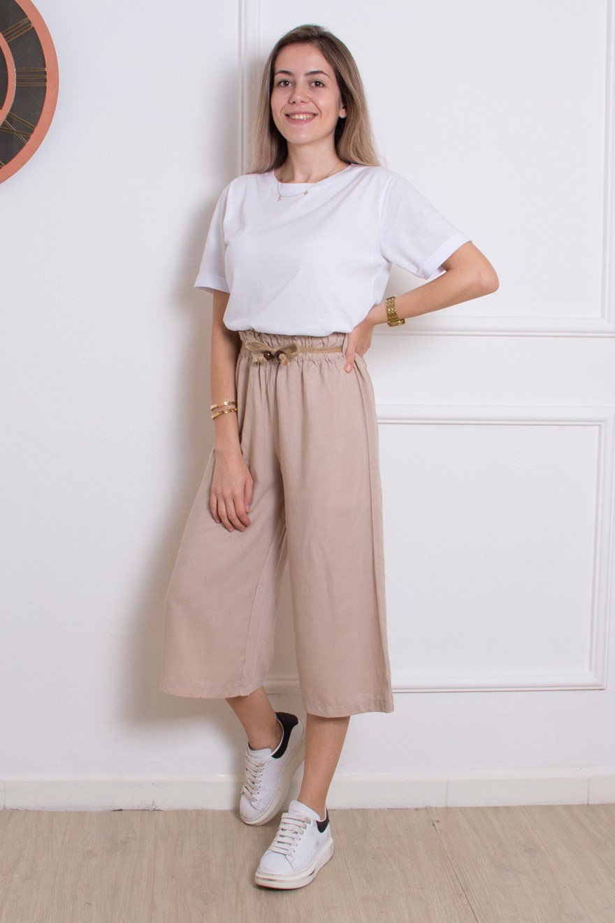 Hasır Kemerli Pantolon - Bej - Dominatrend