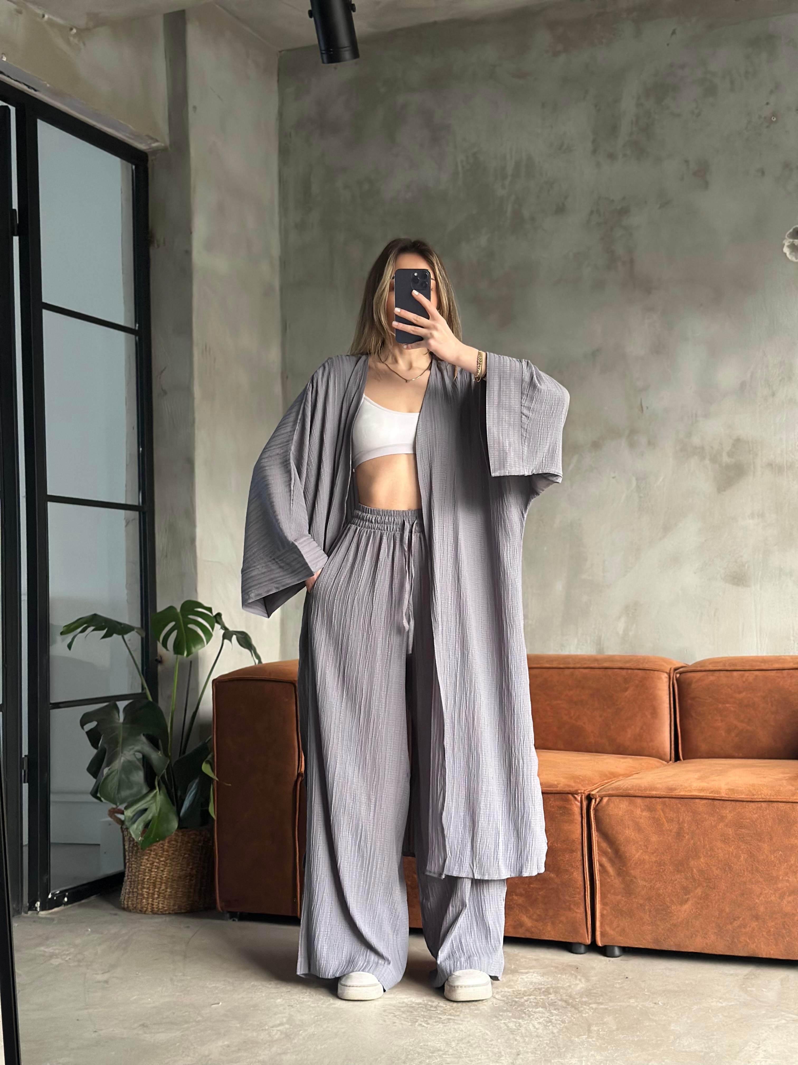 Heny Maxi Kimono Gofre Takım - Gri - Dominatrend