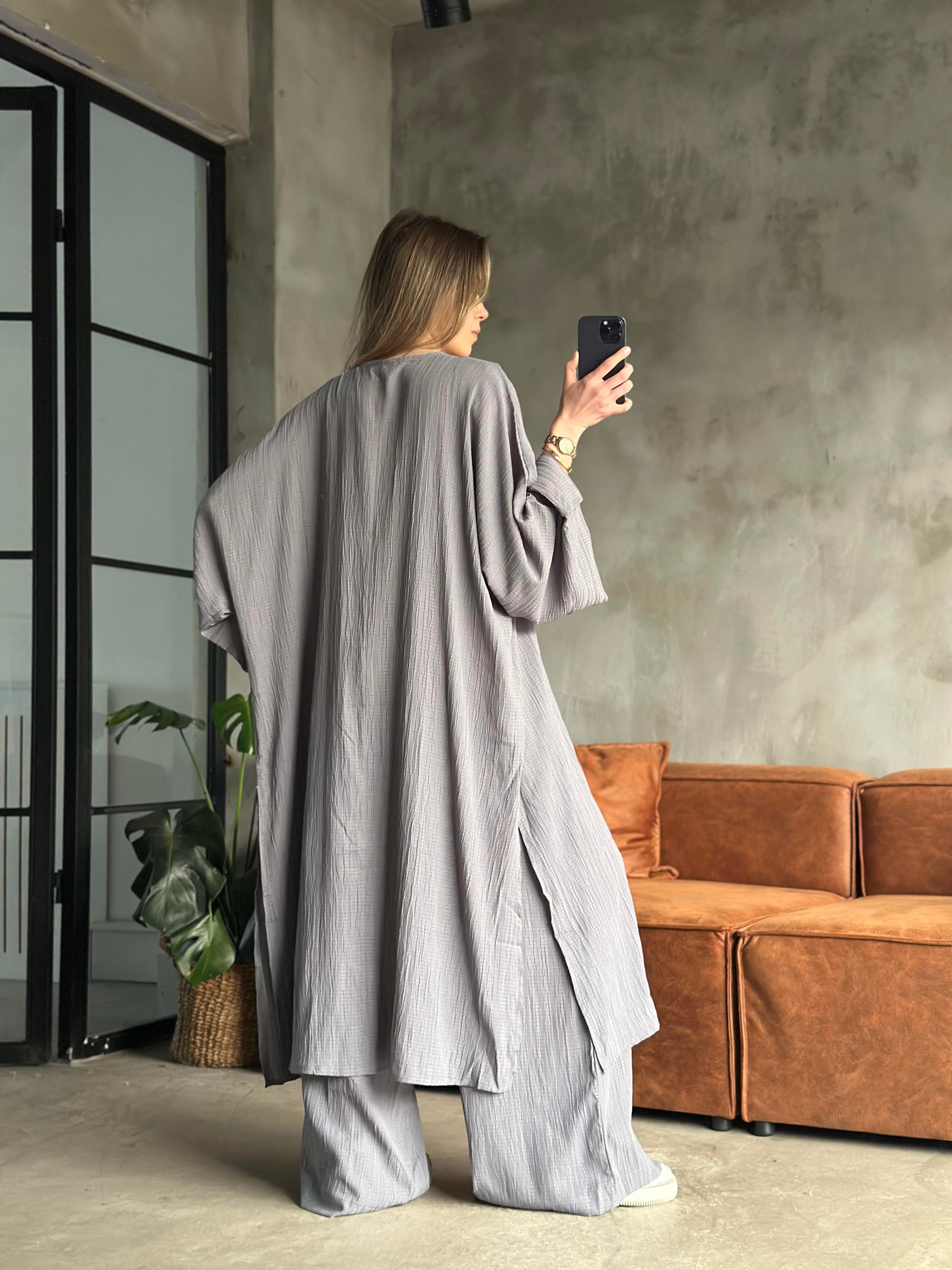 Heny Maxi Kimono Gofre Takım - Gri - Dominatrend