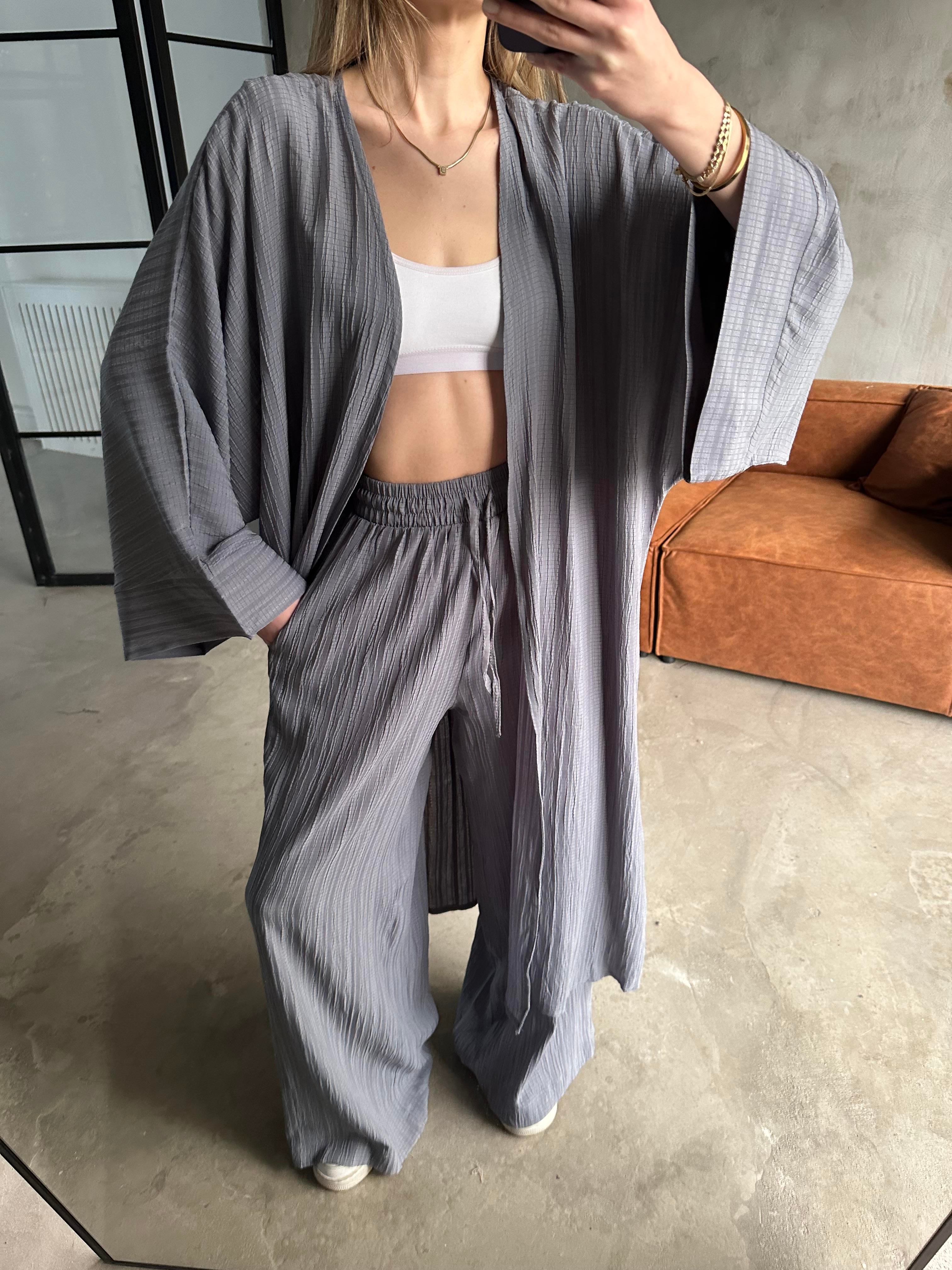 Heny Maxi Kimono Gofre Takım - Gri - Dominatrend
