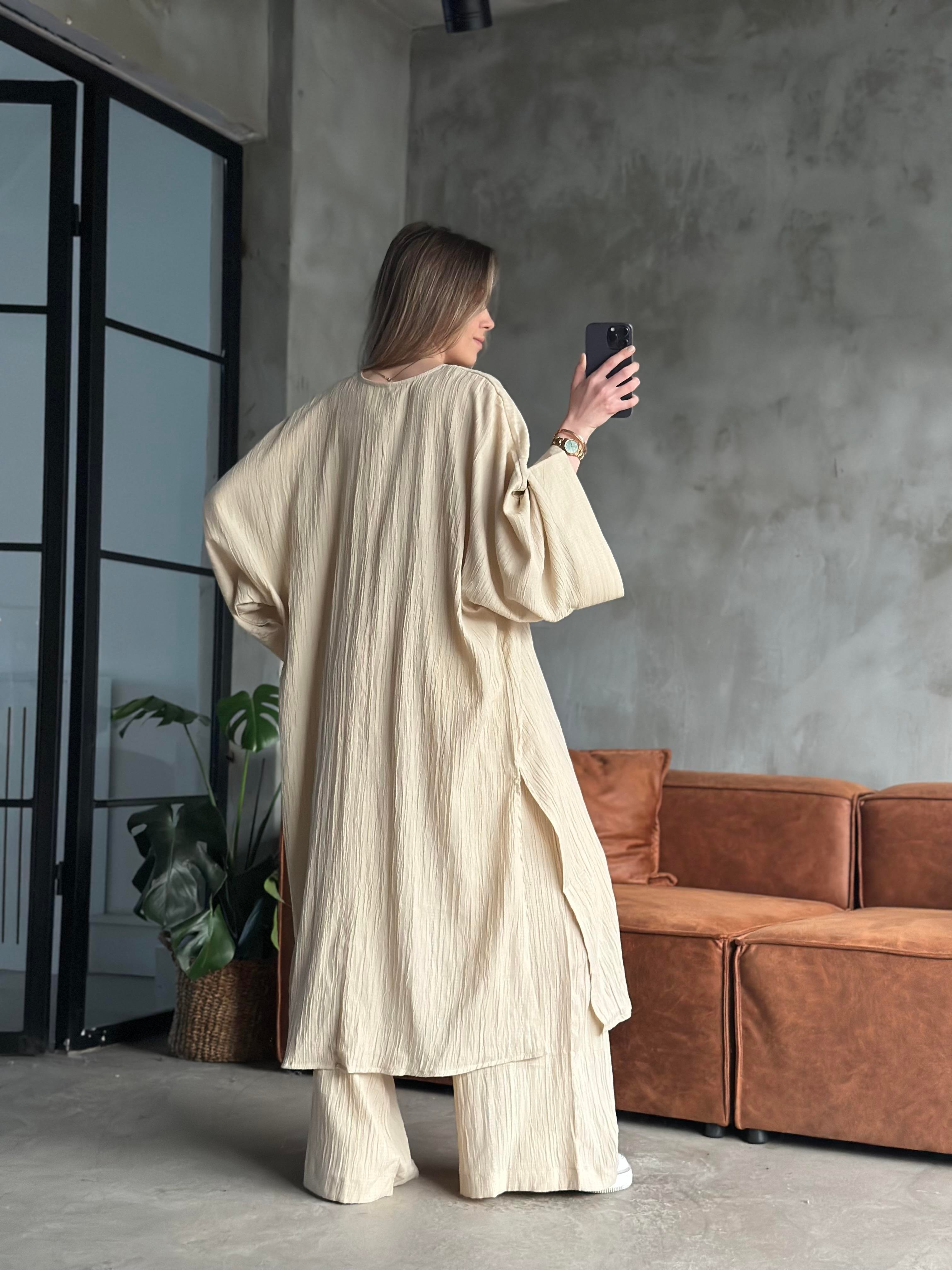 Heny Maxi Kimono Gofre Takım - Krem - Dominatrend