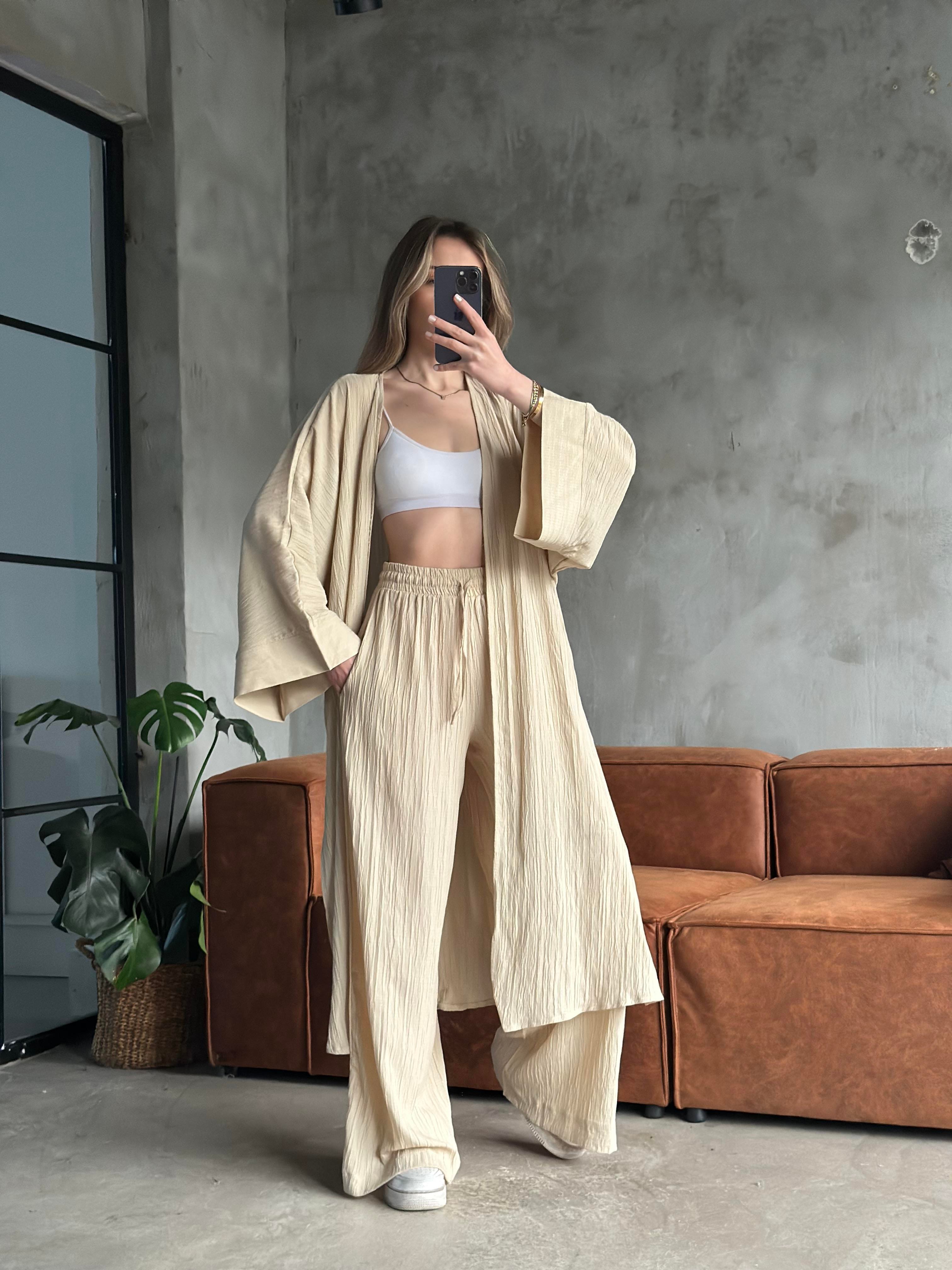 Heny Maxi Kimono Gofre Takım - Krem - Dominatrend
