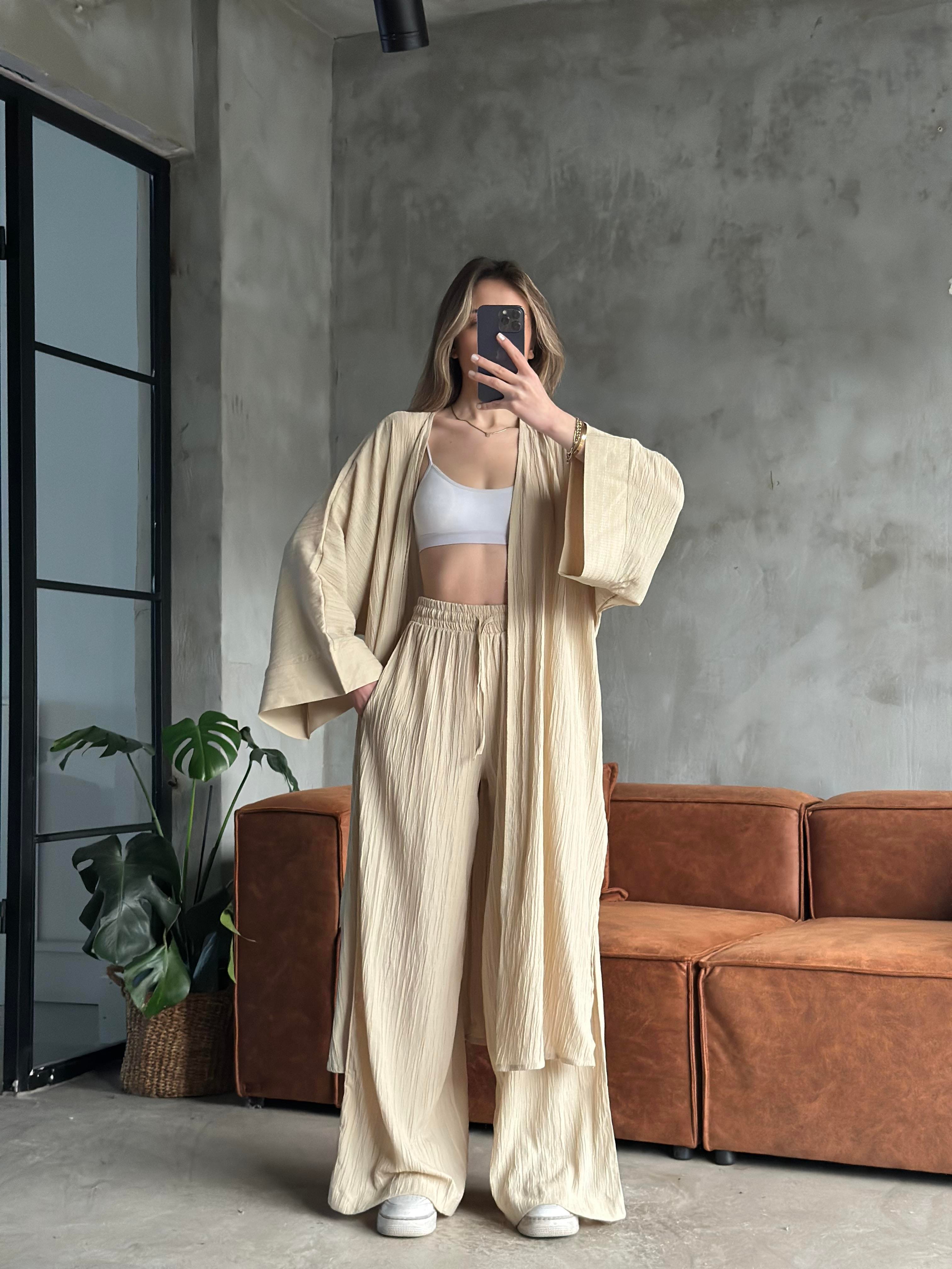 Heny Maxi Kimono Gofre Takım - Krem - Dominatrend