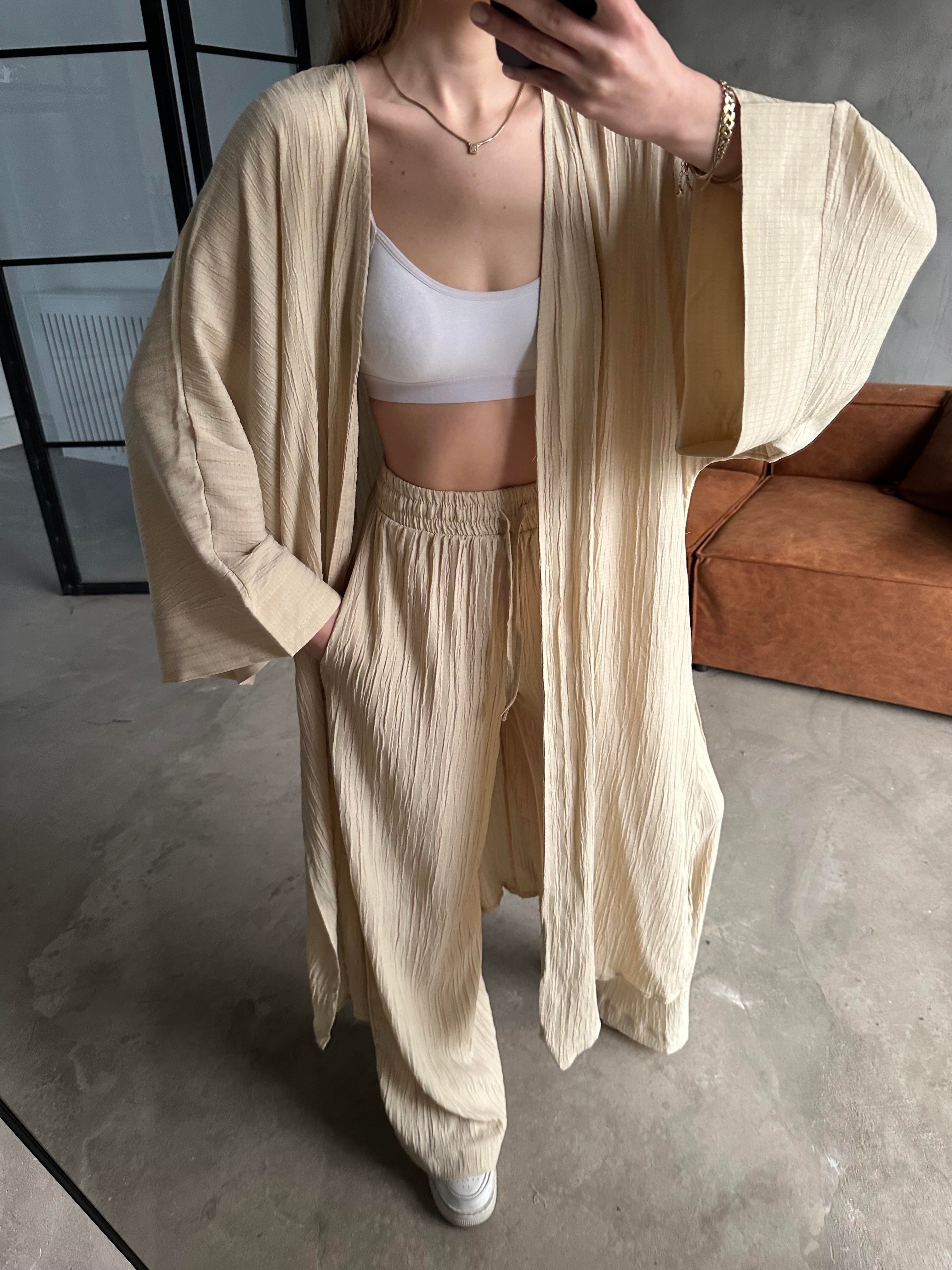 Heny Maxi Kimono Gofre Takım - Krem - Dominatrend