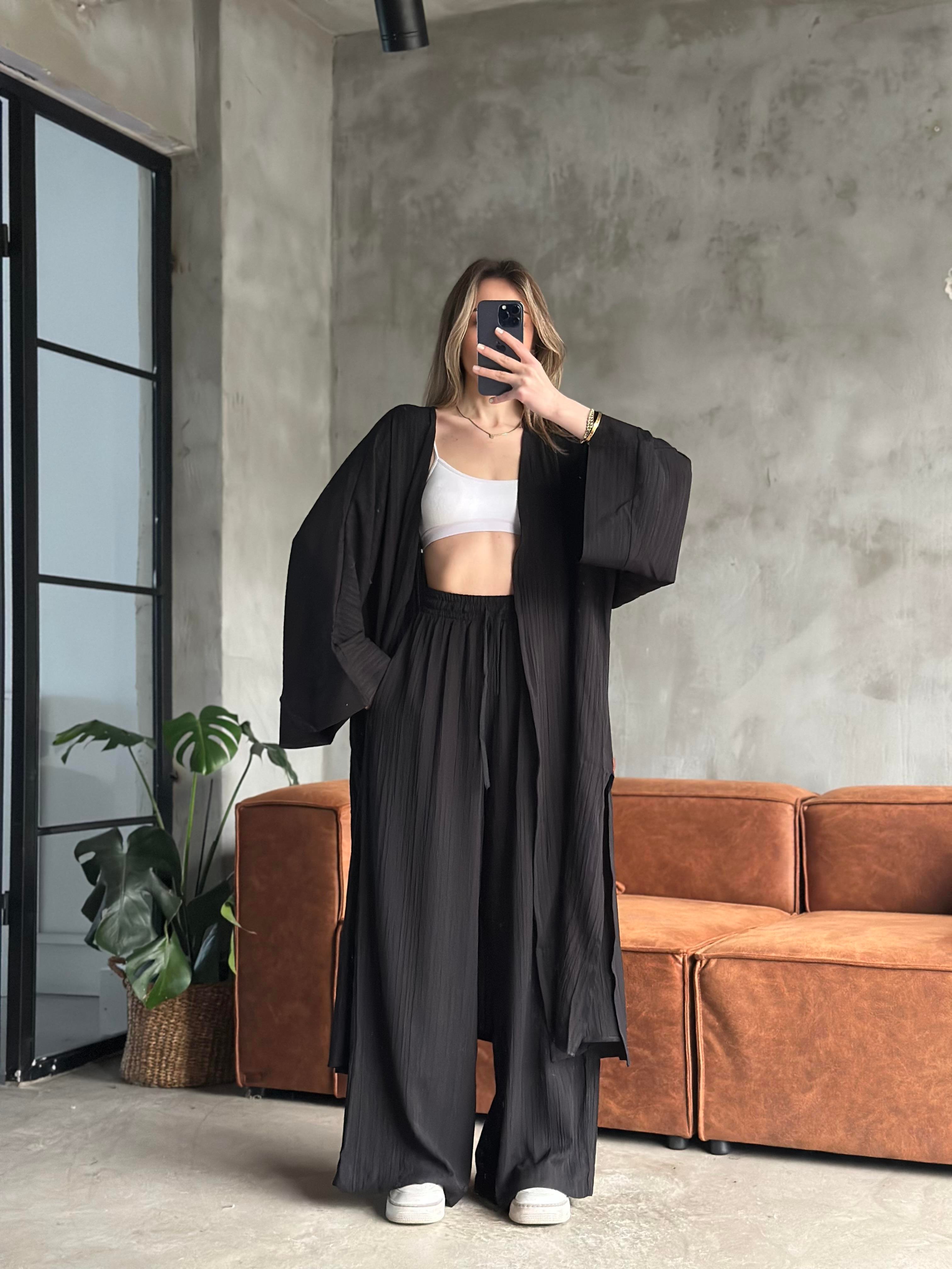 Heny Maxi Kimono Gofre Takım - Siyah - Dominatrend