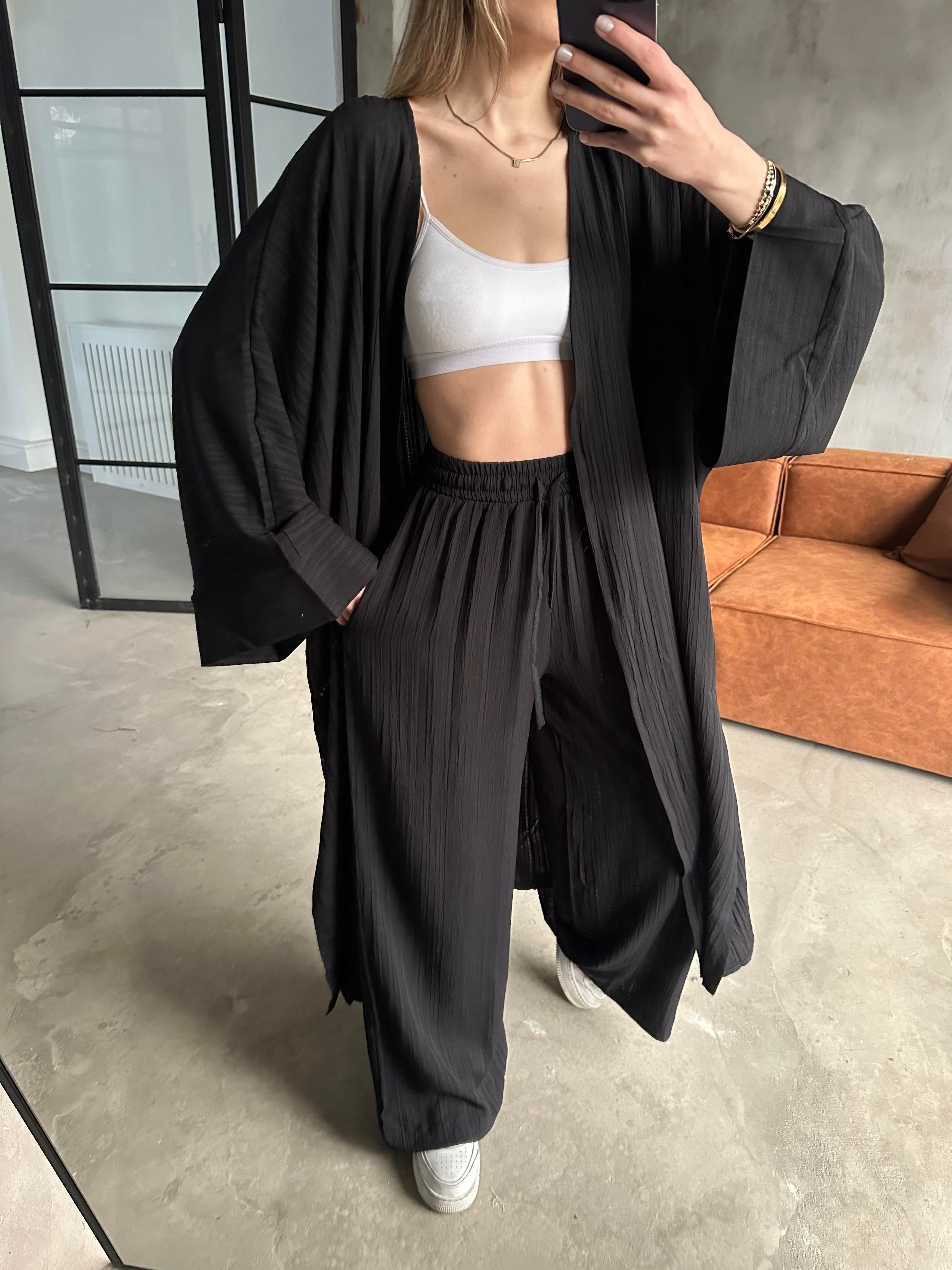Heny Maxi Kimono Gofre Takım - Siyah - Dominatrend