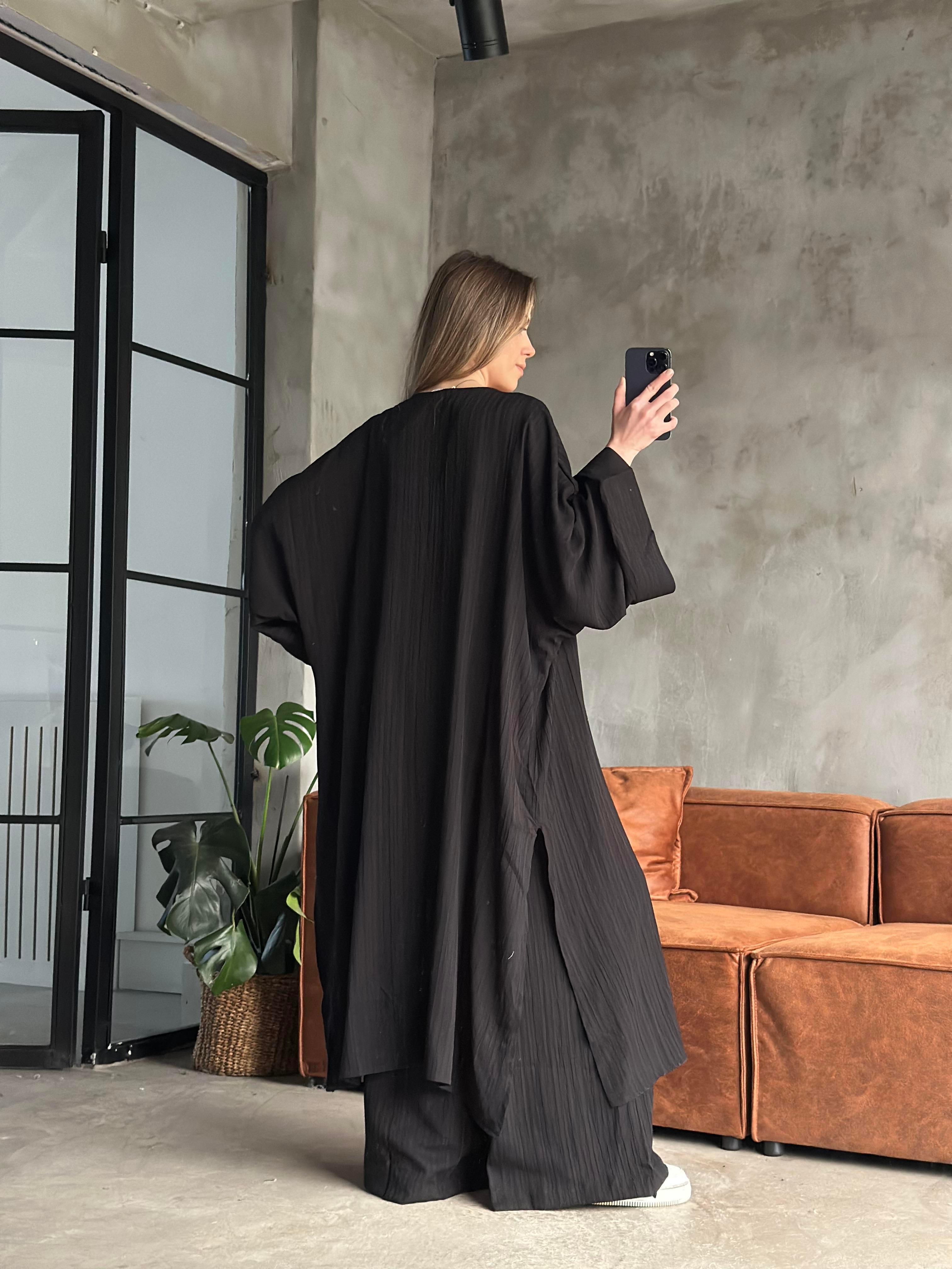 Heny Maxi Kimono Gofre Takım - Siyah - Dominatrend